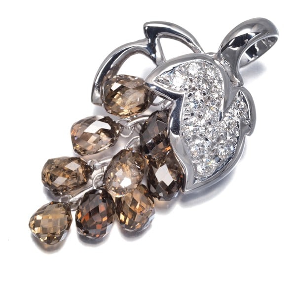 Brown & Clear Diamond 6.10Ct/0.27Ct Grapes Briolette-Cut Pendant 18K Wg: Brown & Clear Diamond 6.10Ct/0.27Ct Grapes Briolette-Cut Pendant 18K Wg The 18k white gold briolette-cut pendant showcases a striking combination of a 6.10ct brown diamond and 0.27ct clear diamond, se