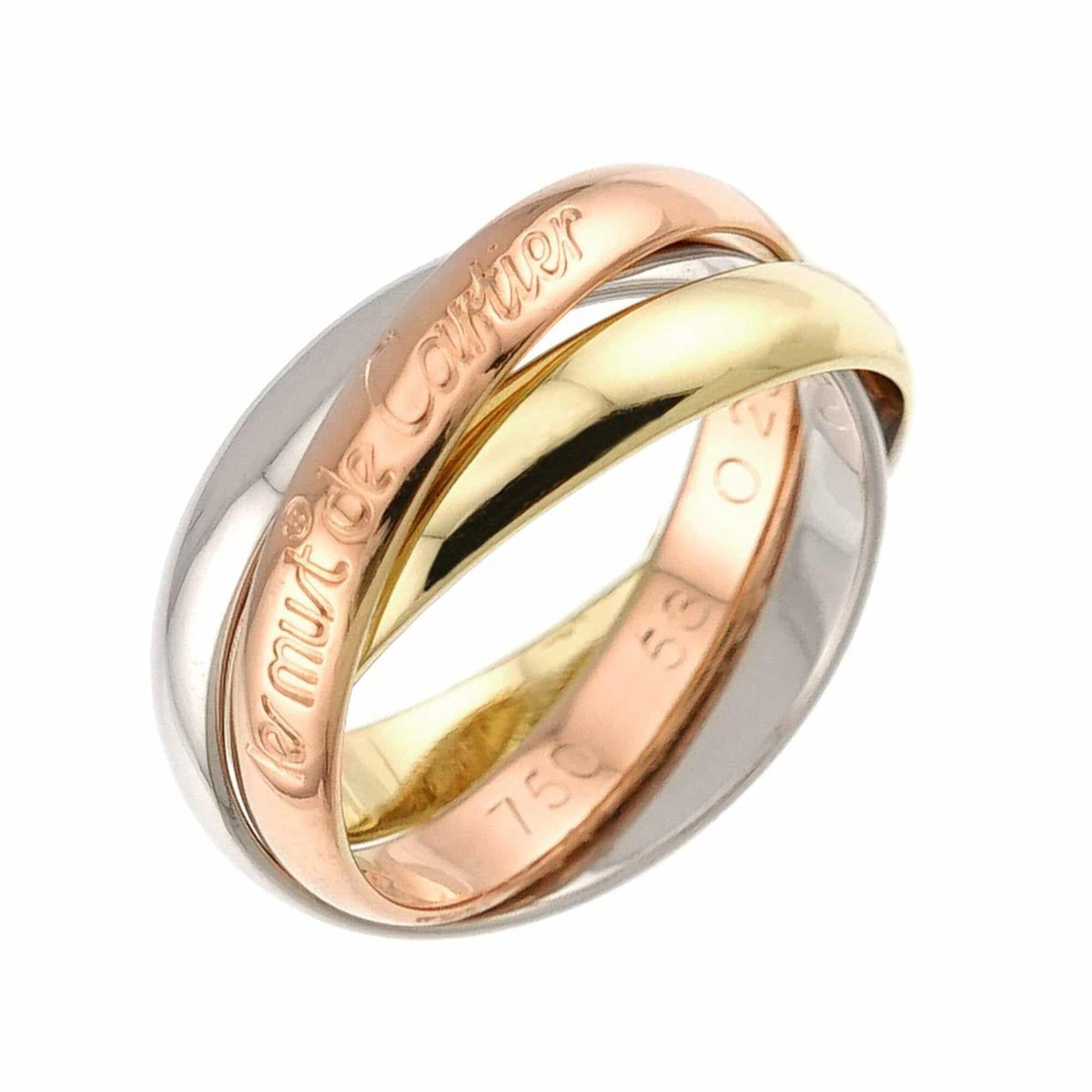 CARTIER Band Ring Pink Gold (18K) White Gold (18K) Yellow Gold (18K): CARTIER Band Ring Pink Gold (18K) White Gold (18K) Yellow Gold (18K) Pink gold, white gold, and yellow gold come together in this elegant Cartier band ring, crafted from 18K precious metals. The ring'