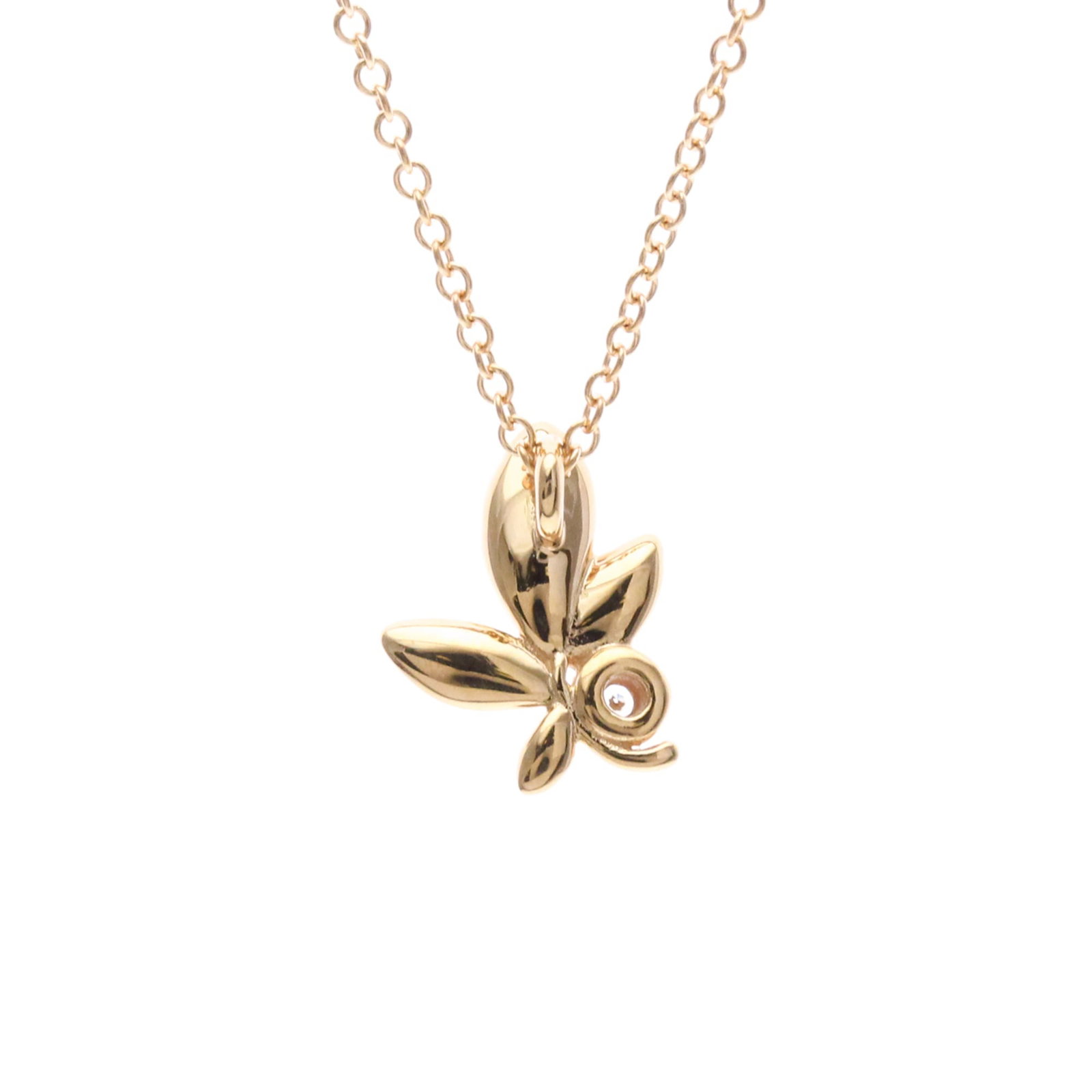 TIFFANY Pink Gold (18K): TIFFANY Pink Gold (18K) Pink gold (18K) Tiffany necklace with a 2.1g diamond pendant, featuring a 40 cm olive leaf chain. The necklace is made from 18K gold and bears a signature. Gently used with min