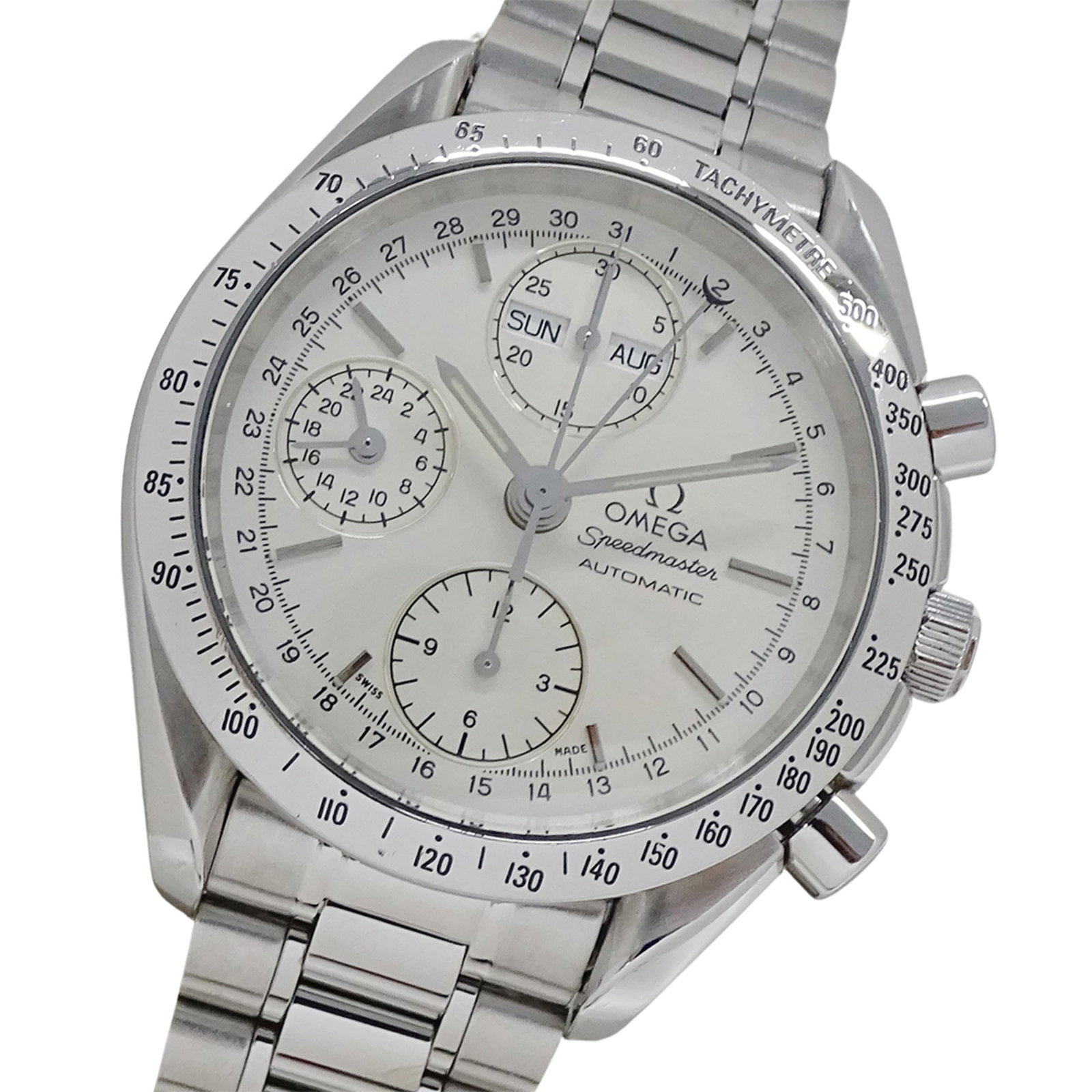 OMEGA Wristwatch Stainless Steel: OMEGA Wristwatch Stainless Steel Stainless steel case and band provide a durable foundation for this silver-dialled Omega watch, featuring a self-winding automatic movement. With a 38mm diameter and