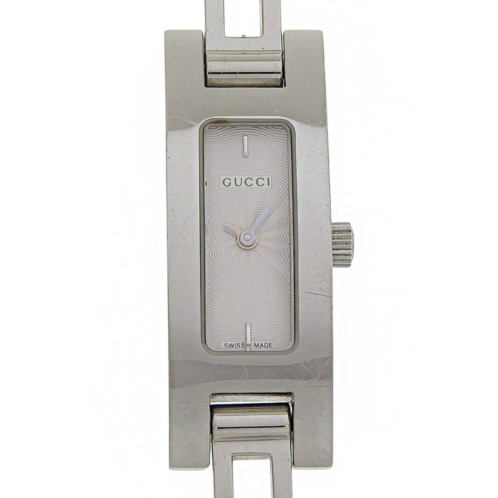 GUCCI Wristwatch Stainless Steel: GUCCI Wristwatch Stainless Steel Stainless steel case and band add a sleek touch to this silver-dial Gucci wristwatch, featuring a quartz movement for reliable timekeeping. With a 12mm diameter case a