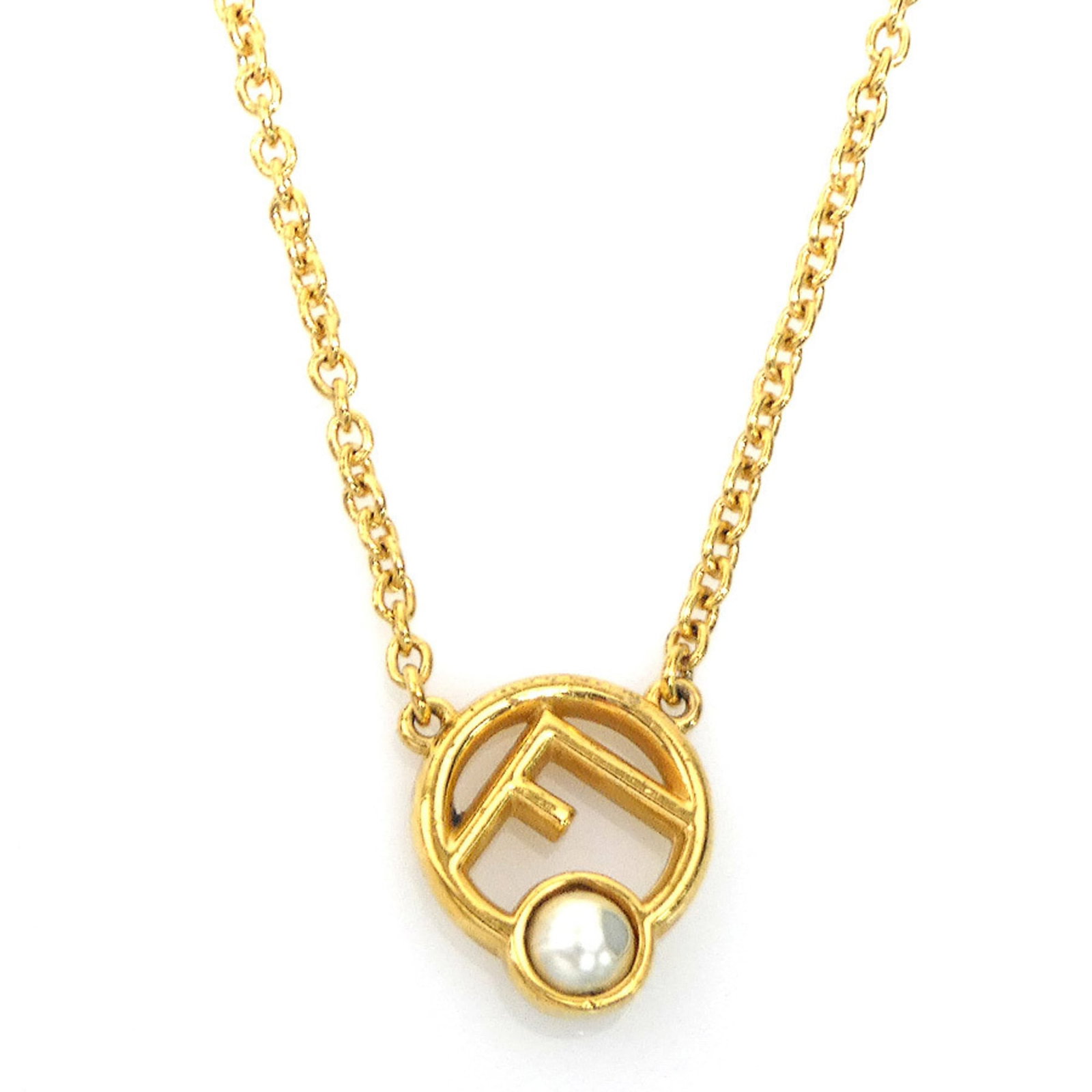 FENDI Metal Gold: FENDI Metal Gold Fendi Metal Gold Necklace, a statement piece with a 13mm x 11mm gold pendant suspended from a metal chain, available in a 45.5 cm length. The necklace bears visible signs of wear, inc