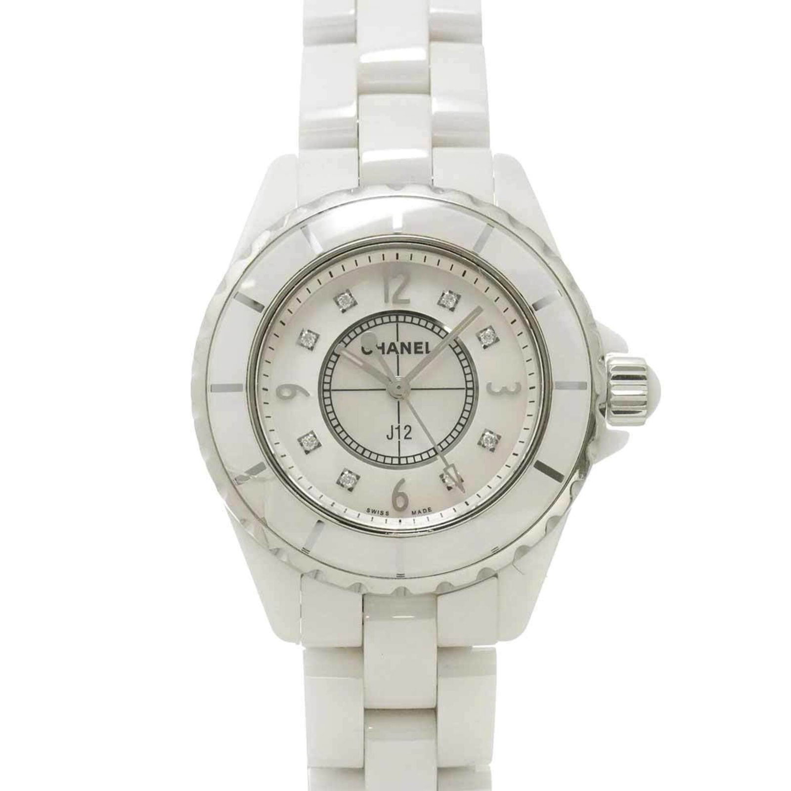CHANEL Wristwatch Ceramic Stainless Steel: CHANEL Wristwatch Ceramic Stainless Steel Ceramic and stainless steel blend in this sleek CHANEL wristwatch, featuring a white shell dial and quartz movement. With a 34mm case diameter and 16.5cm band