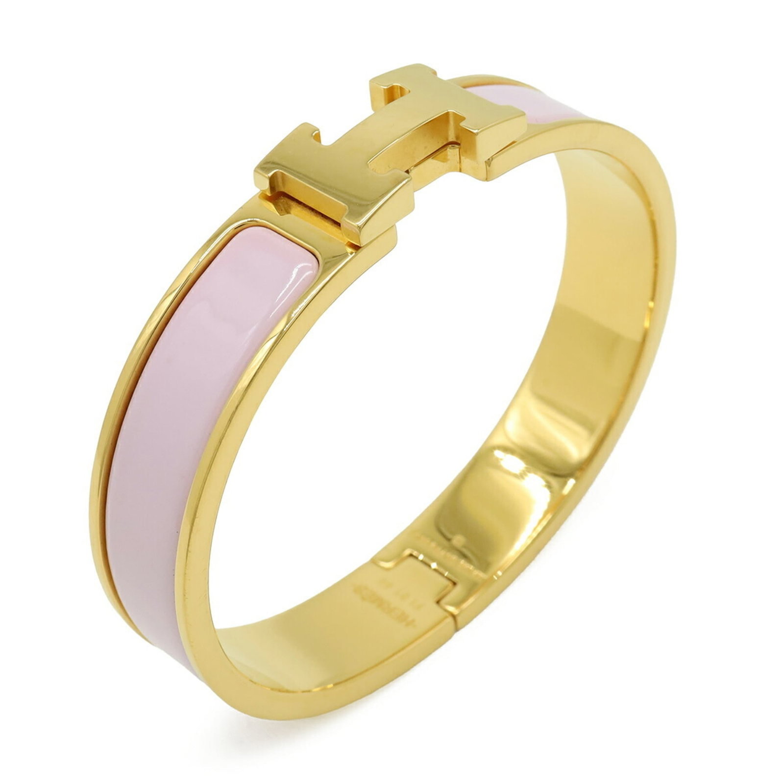 HERMES Charm Bracelet Light Pink: HERMES Charm Bracelet Light Pink Gold plated Light Pink Charm Bracelet from Hermes, featuring a 15.5cm length and 1.1cm width, with visible wear and scratches. This charm bracelet is in good condition