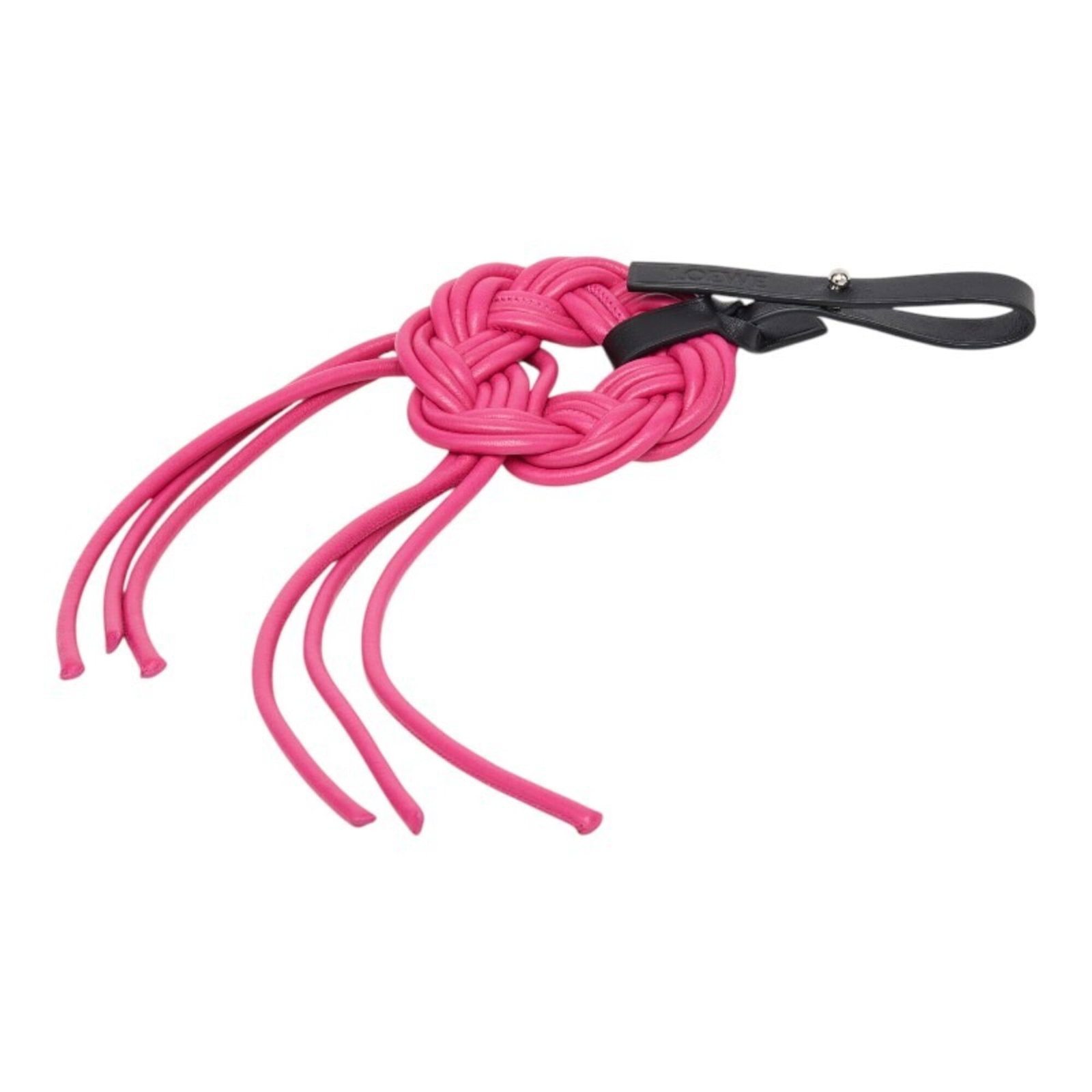 LOEWE Handbag Charm Leather: LOEWE Handbag Charm Leather Black or pink Loewe handbag charm made from leather, with a size of 365.00mm x 85.00mm. The charm bears visible scratches, scuffs, and dirt, but is in good overall
