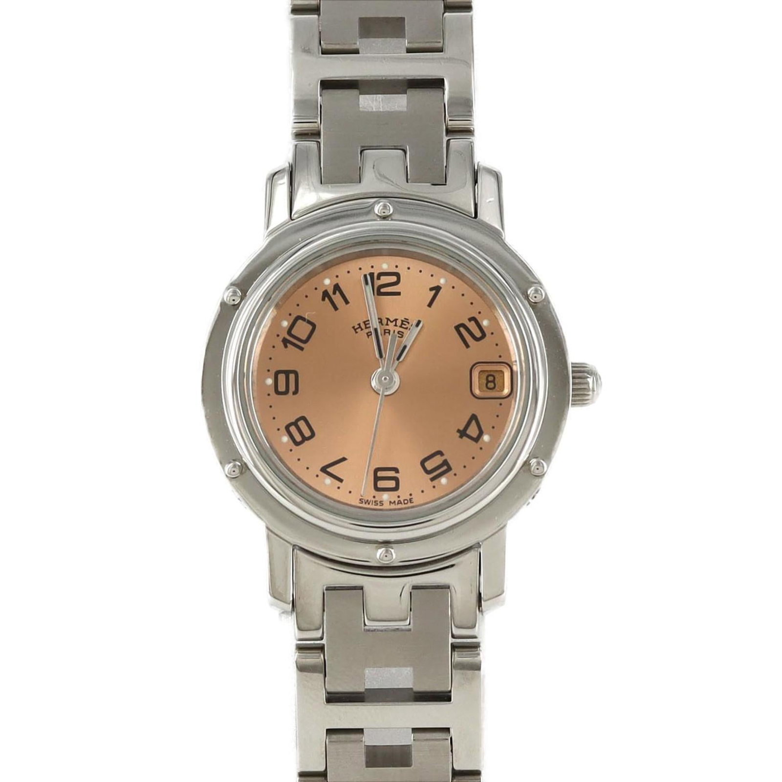 HERMES Wristwatch Stainless Steel: HERMES Wristwatch Stainless Steel Stainless steel case and band add a sleek touch to this pink quartz-wristwatch from Hermes. With a 24mm diameter and 16cm length, it's designed to fit a woman's