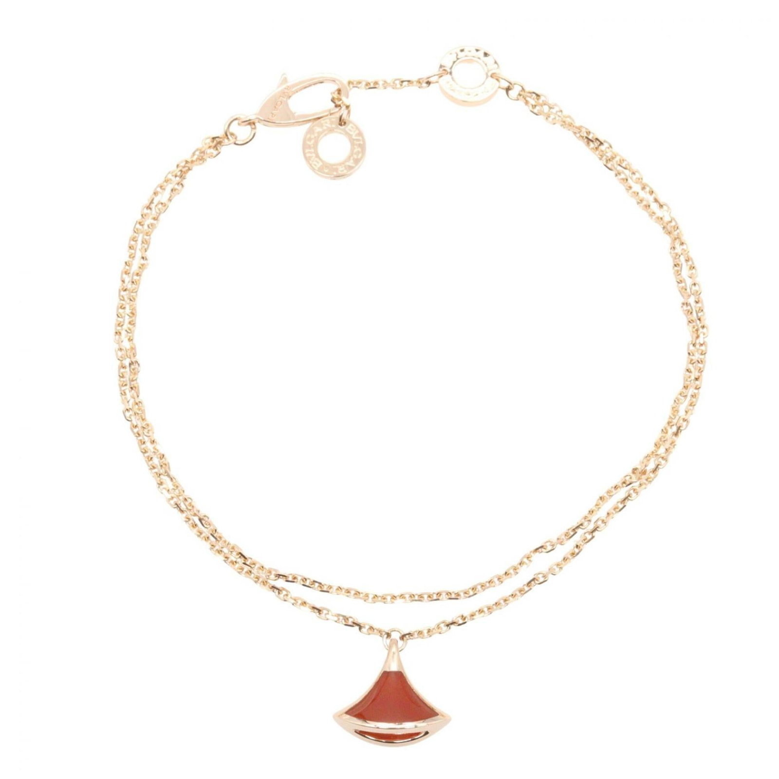 BVLGARI Charm Bracelet Pink Gold (18K): BVLGARI Charm Bracelet Pink Gold (18K) 18K pink gold charm bracelet from Bvlgari, featuring a vibrant red carnelian stone. The delicate, 14.5-17cm long chain is in very good condition, with minor sign