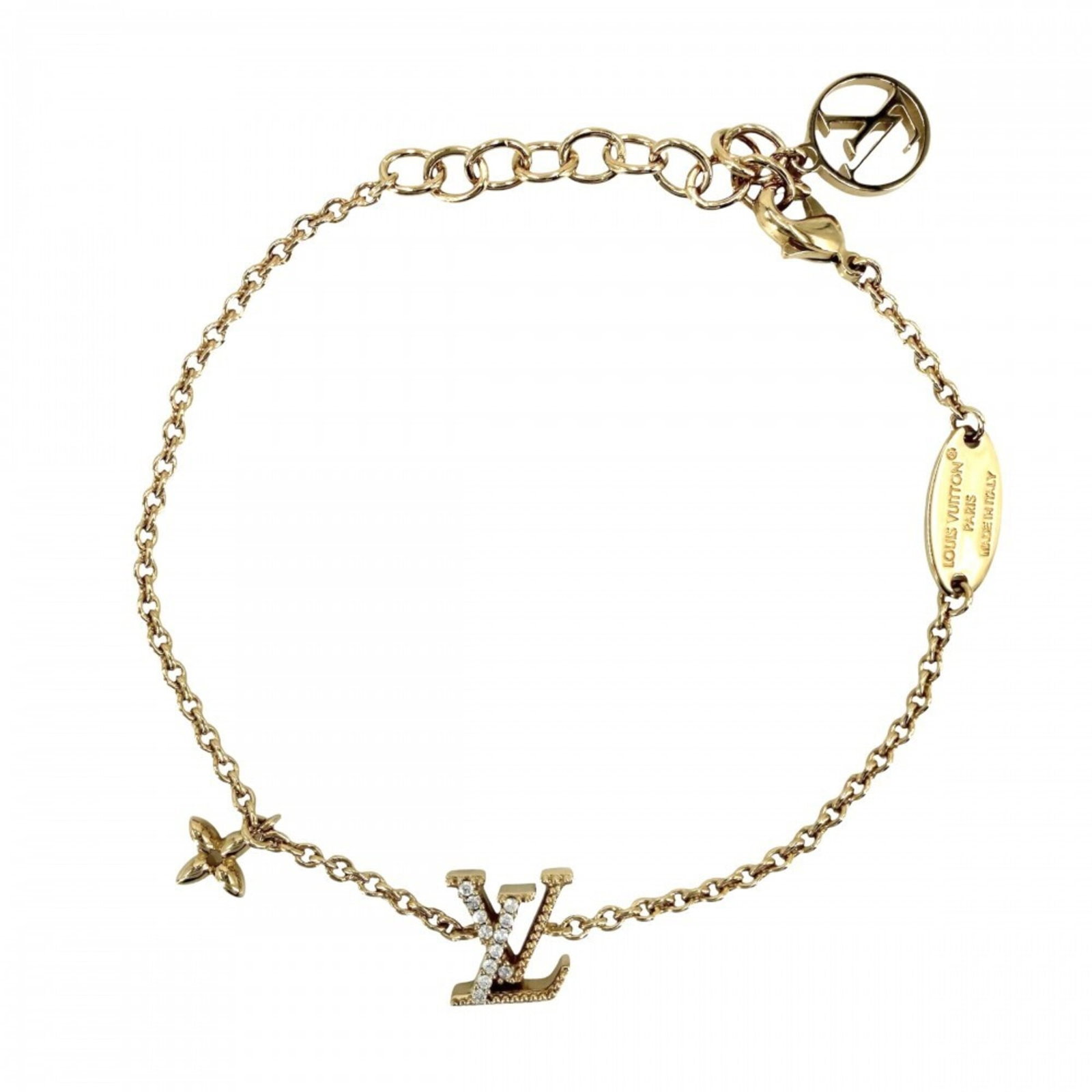 LOUIS VUITTON Charm Bracelet Monogram Rhinestone: LOUIS VUITTON Charm Bracelet Monogram Rhinestone This Louis Vuitton Charm Bracelet features a striking monogram design adorned with rhinestones, adding a touch of glamour to any outfit. The 18.5cm len