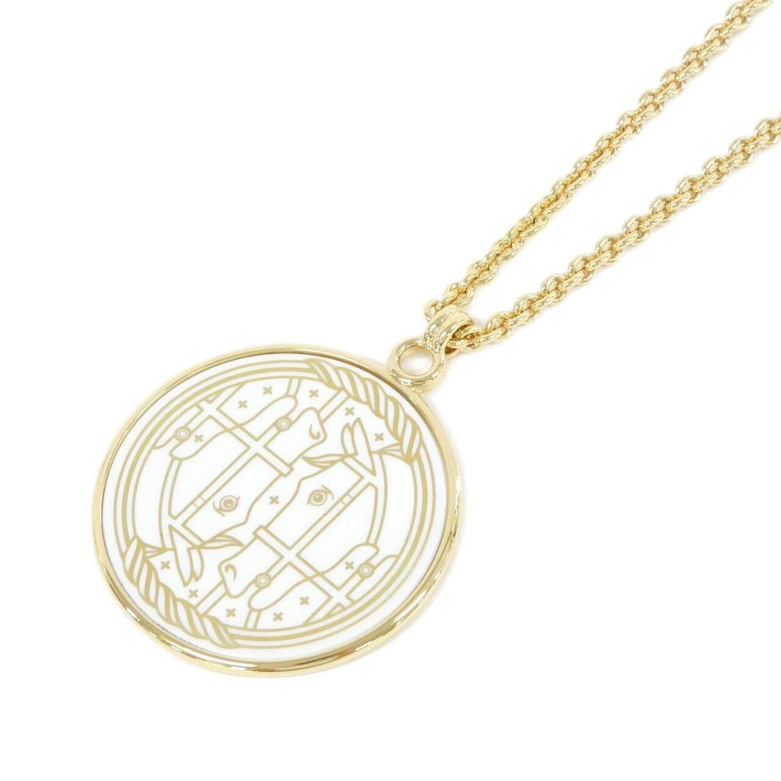 HERMES Gold White: HERMES Gold White Gold White Necklace by Hermes, 44mm pendant, 74cm chain, gently used with minor signs of wear, small scratches or light marks present. The necklace bears a signature. Item