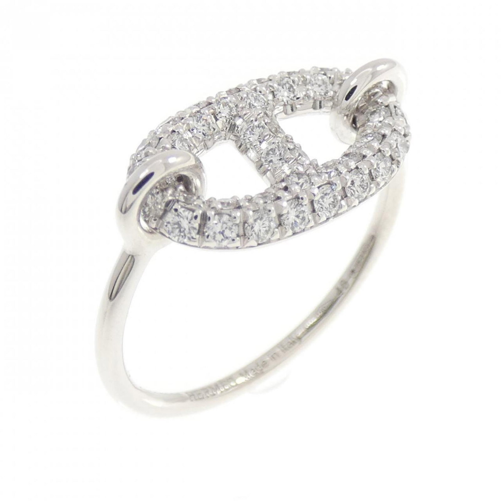 HERMES Band Ring White Gold (18K): HERMES Band Ring White Gold (18K) White gold (18K) band ring from Hermes, featuring a diamond stone. Gently used with minor signs of wear, this ring is in very good condition. The 48 US size fits a