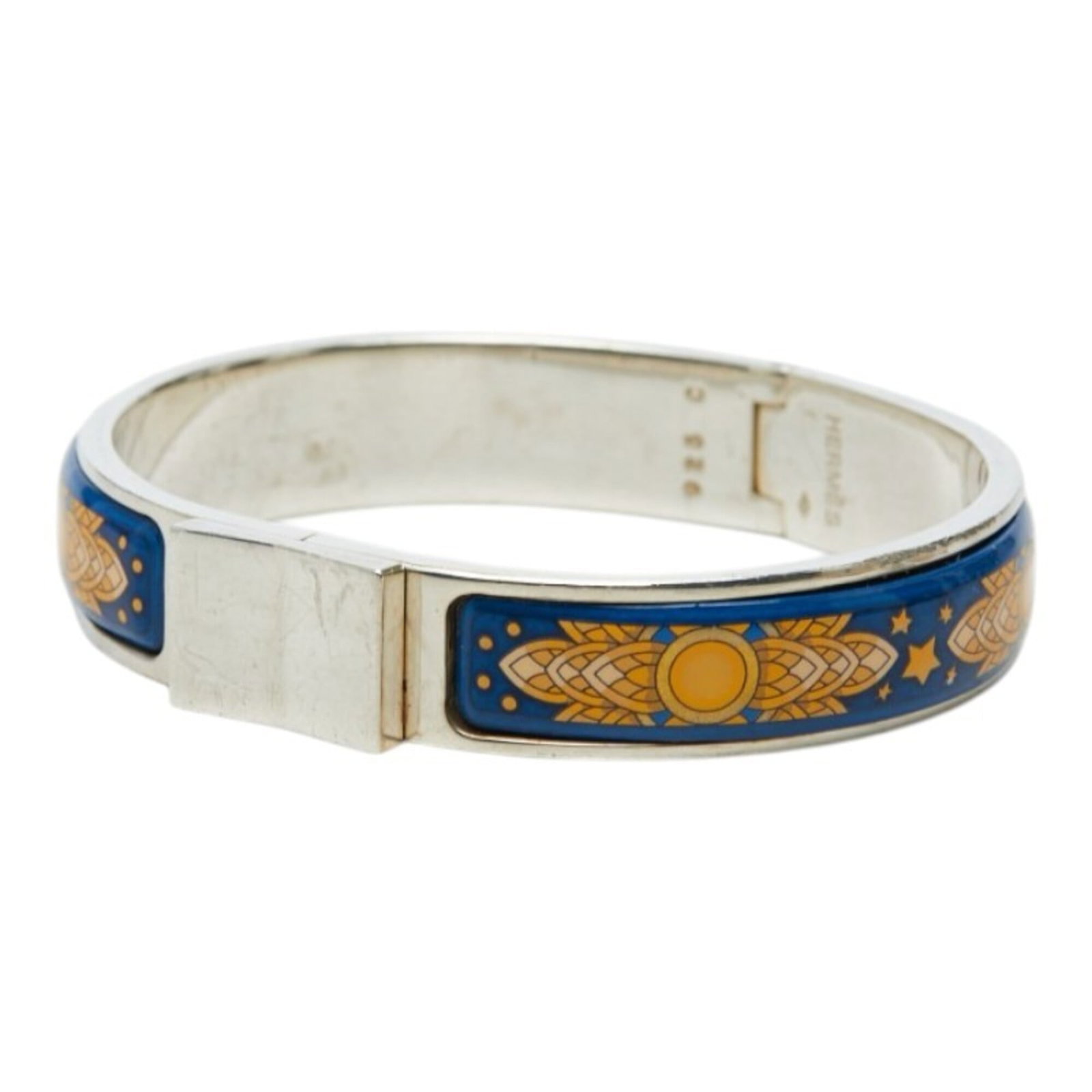 HERMES Bangle Enamel Silver 925: HERMES Bangle Enamel Silver 925 Enamel silver 925 bangle from Hermes, featuring a striking navy, silver, and yellow color combination. With a length of 15cm, this bangle boasts a classic design that a