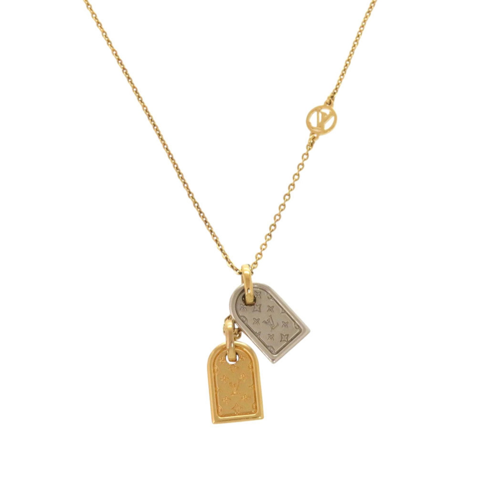 LOUIS VUITTON Metal: LOUIS VUITTON Metal Gold and Silver Louis Vuitton Metal Necklace. This gently used gold and silver metal necklace features the iconic Louis Vuitton monogram design. With a 44 cm neck circumference