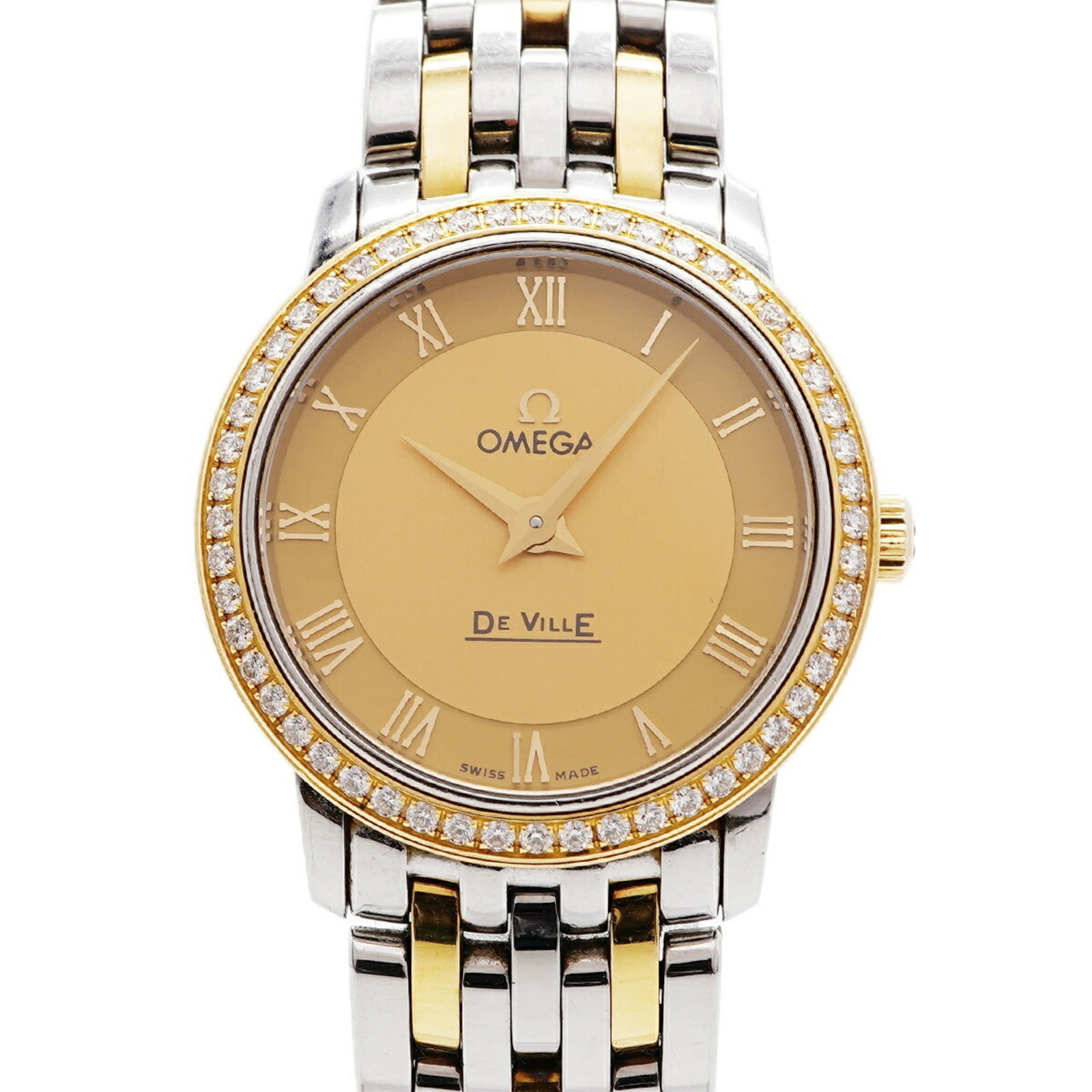 OMEGA Wristwatch Stainless Steel Yellow Gold: OMEGA Wristwatch Stainless Steel Yellow Gold Stainless steel and yellow gold combine in this Omega wristwatch, featuring a 27.4mm case and gold dial. The quartz movement keeps time accurately, and