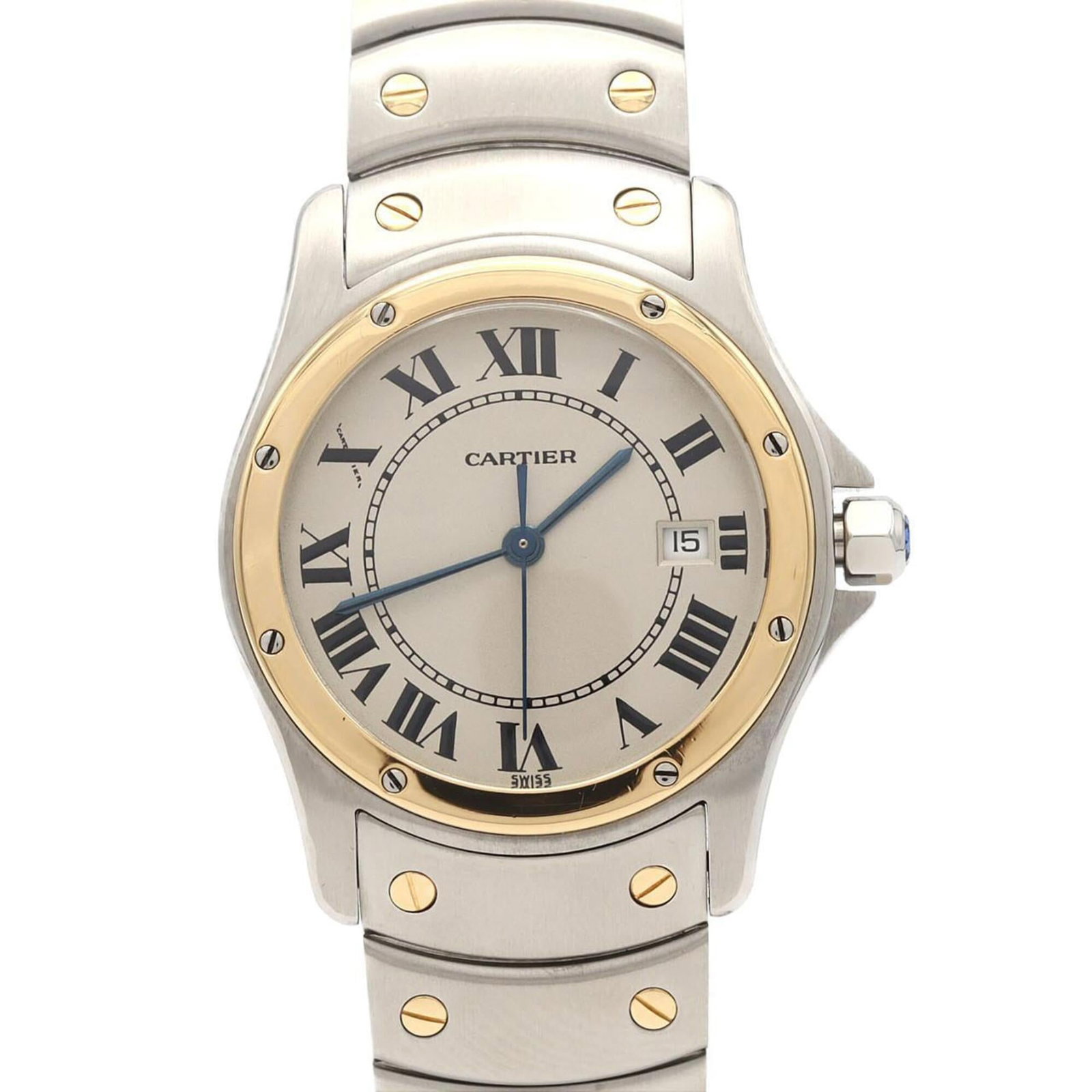 CARTIER Wristwatch Stainless Steel Yellow Gold: CARTIER Wristwatch Stainless Steel Yellow Gold Stainless steel and yellow gold combine in this elegant Cartier wristwatch, featuring a silver dial and a 29.5mm case diameter. Gently used with minor