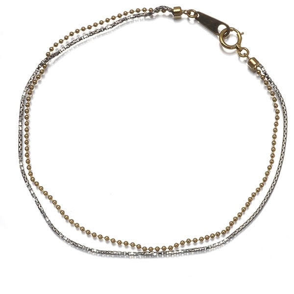 Ball Bead Chain Bicolor Layered 2-Strand Box Bracelet 18K Yg/Pt 850: Ball Bead Chain Bicolor Layered 2-Strand Box Bracelet 18K Yg/Pt 850 18k yellow gold beads are layered in a chain design, creating a unique two-strand box bracelet. The 1mm and 1.2mm wide chain is