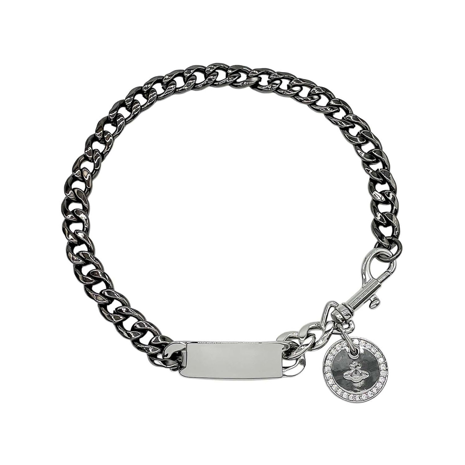 VIVIENNE WESTWOOD Metal: VIVIENNE WESTWOOD Metal Black and silver metal choker necklace with visible scratches and scuffs. The Vivienne Westwood brand is evident in the design, which bears a signature. This necklace is in goo