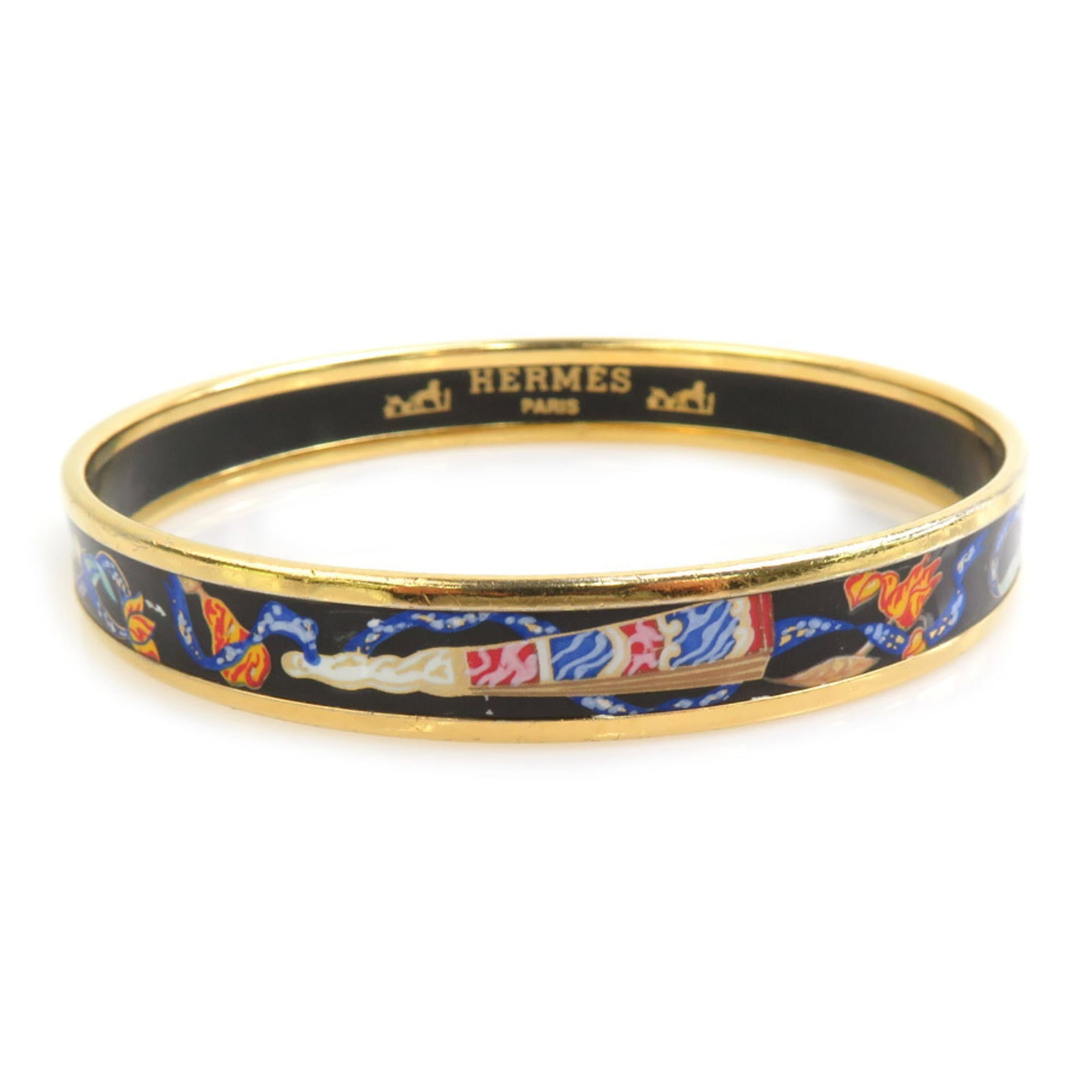 HERMES Bangle Enamel Metal: HERMES Bangle Enamel Metal Black, gold, and multi-color enamel metal bangle from Hermes, measuring 20.5cm in length, with visible wear and scratches. The bangle is in good overall condition, with