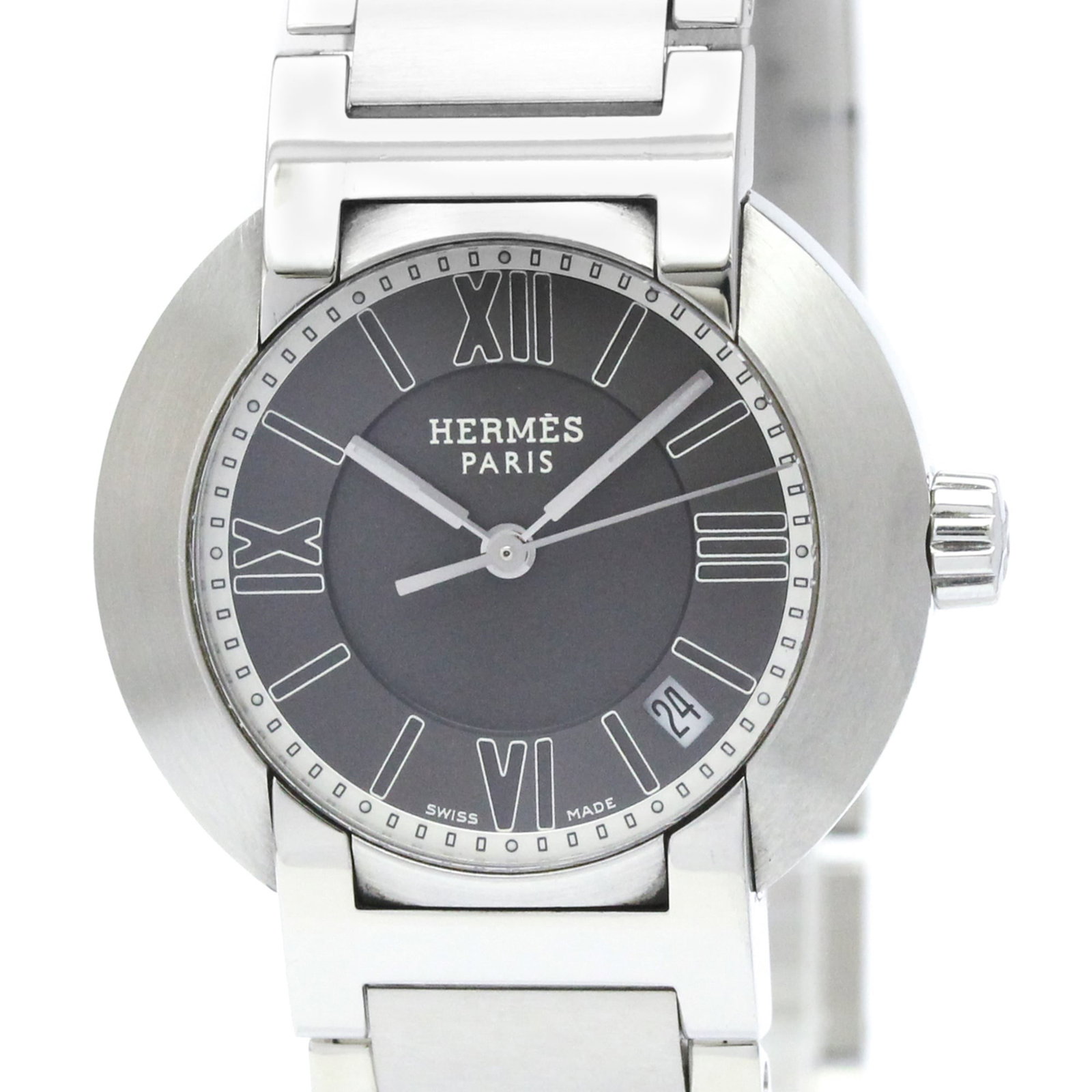 HERMES Wristwatch Stainless Steel: HERMES Wristwatch Stainless Steel The Hermes NO1.210 Wristwatch is a sleek and sophisticated timepiece, boasting a stunning gray dial and stainless steel case and band. With its 28mm diameter and