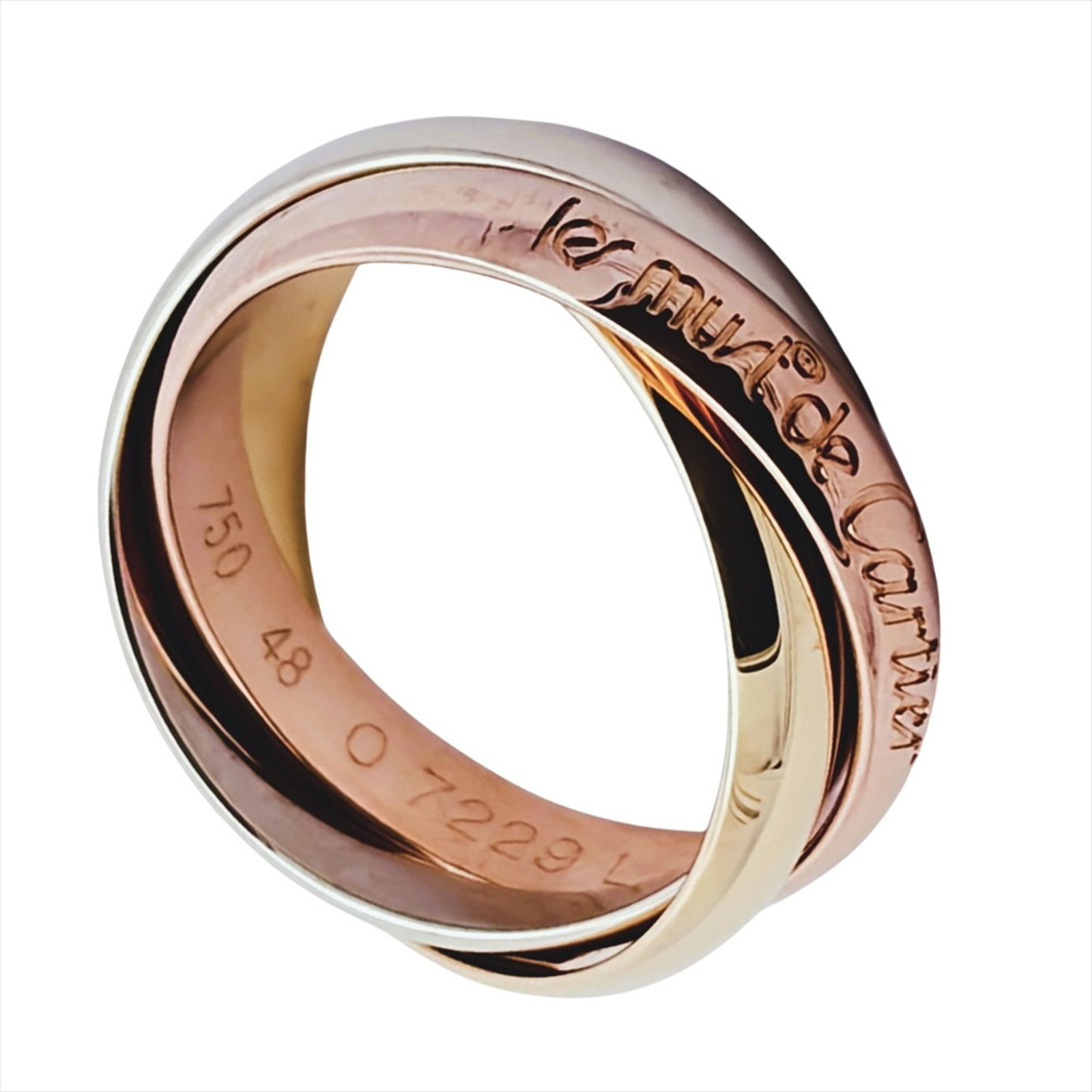 CARTIER Band Ring Pink Gold (18K) White Gold (18K) Yellow Gold (18K): CARTIER Band Ring Pink Gold (18K) White Gold (18K) Yellow Gold (18K) Pink gold, white gold, and yellow gold come together in this elegant Cartier band ring, offering a unique blend of styles. The 18K 