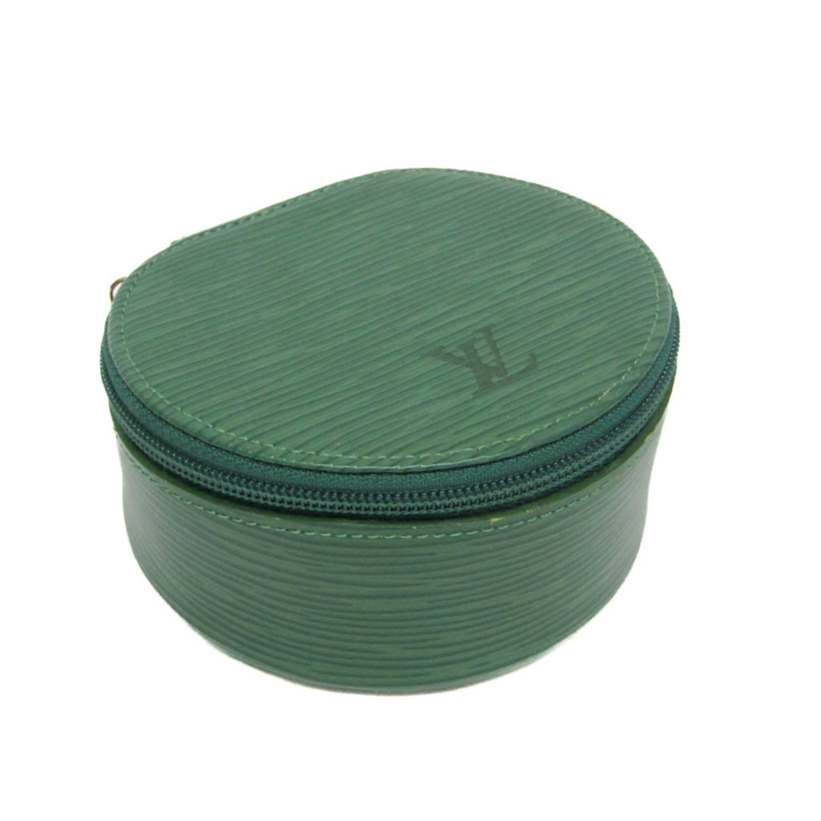 LOUIS VUITTON Jewelry Case Epi Leather: LOUIS VUITTON Jewelry Case Epi Leather Epi leather Borneo green Louis Vuitton jewelry case with zipper closure, featuring a round shape and compact size. Gently used with minor signs of wear, this