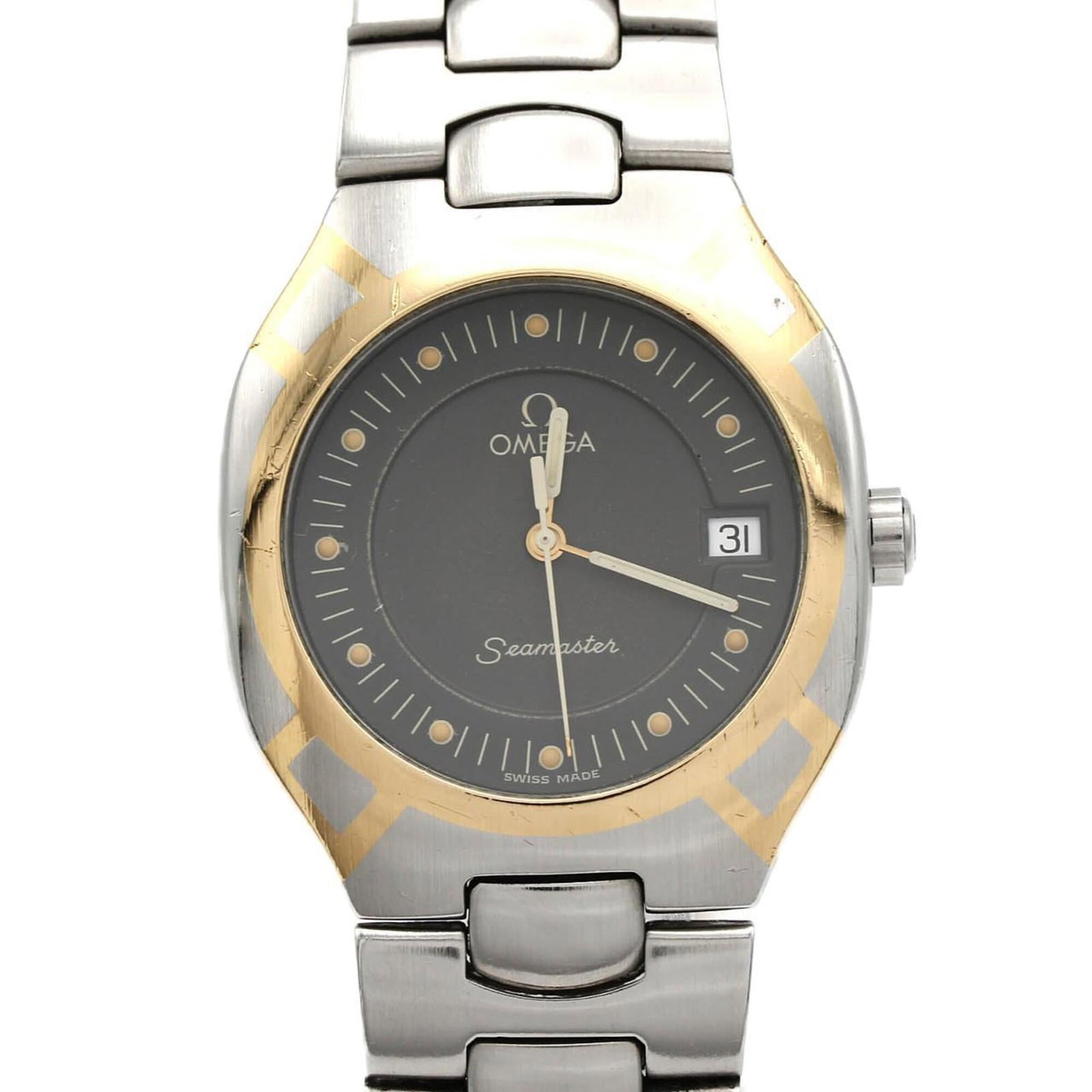OMEGA Wristwatch Stainless Steel Yellow Gold: OMEGA Wristwatch Stainless Steel Yellow Gold Stainless steel and yellow gold combine in this 31mm Omega wristwatch, featuring a gray dial and a quartz movement. The watch has visible wear, scratches, 