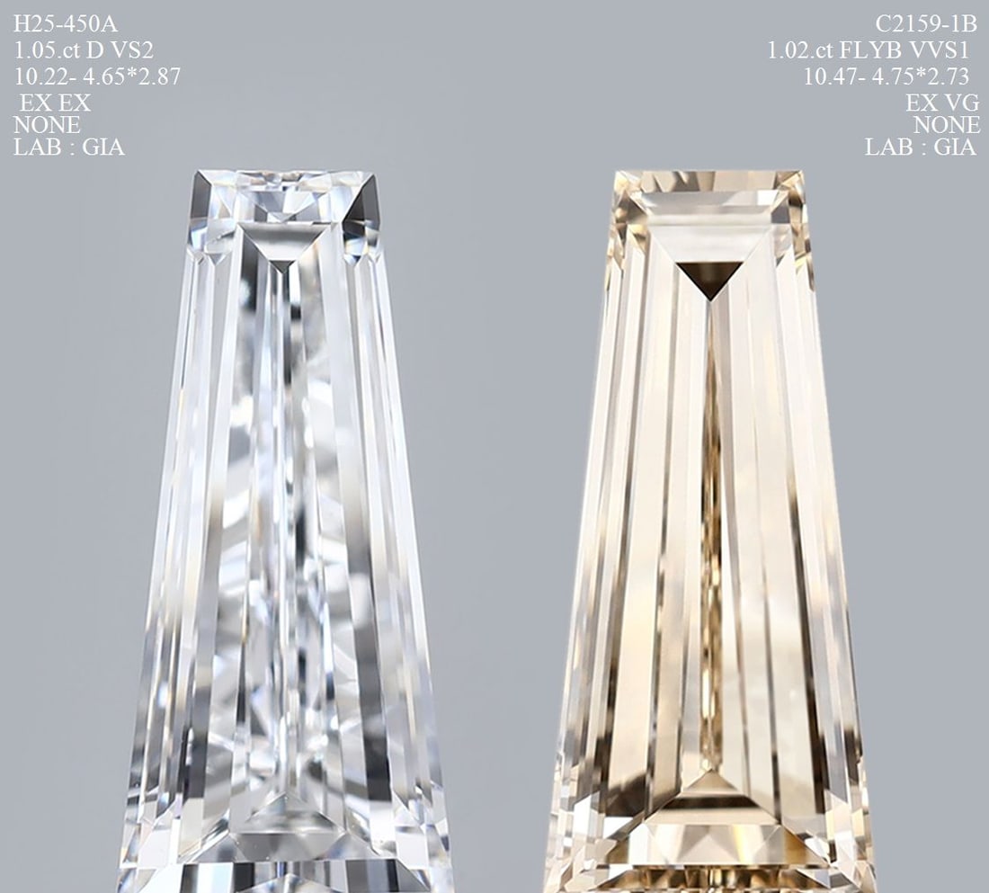 GIA Tapered Baguette 1.02ct Fancy Light Yellow Brown VVS1 - Loose Natural Diamond: GIA Tapered Baguette 1.02ct Fancy Light Yellow Brown VVS1 - Loose Natural Diamond 1.02ct Fancy Light Yellow Brown VVS1 diamond, certified by the Gemological Institute of America (GIA), boasts a