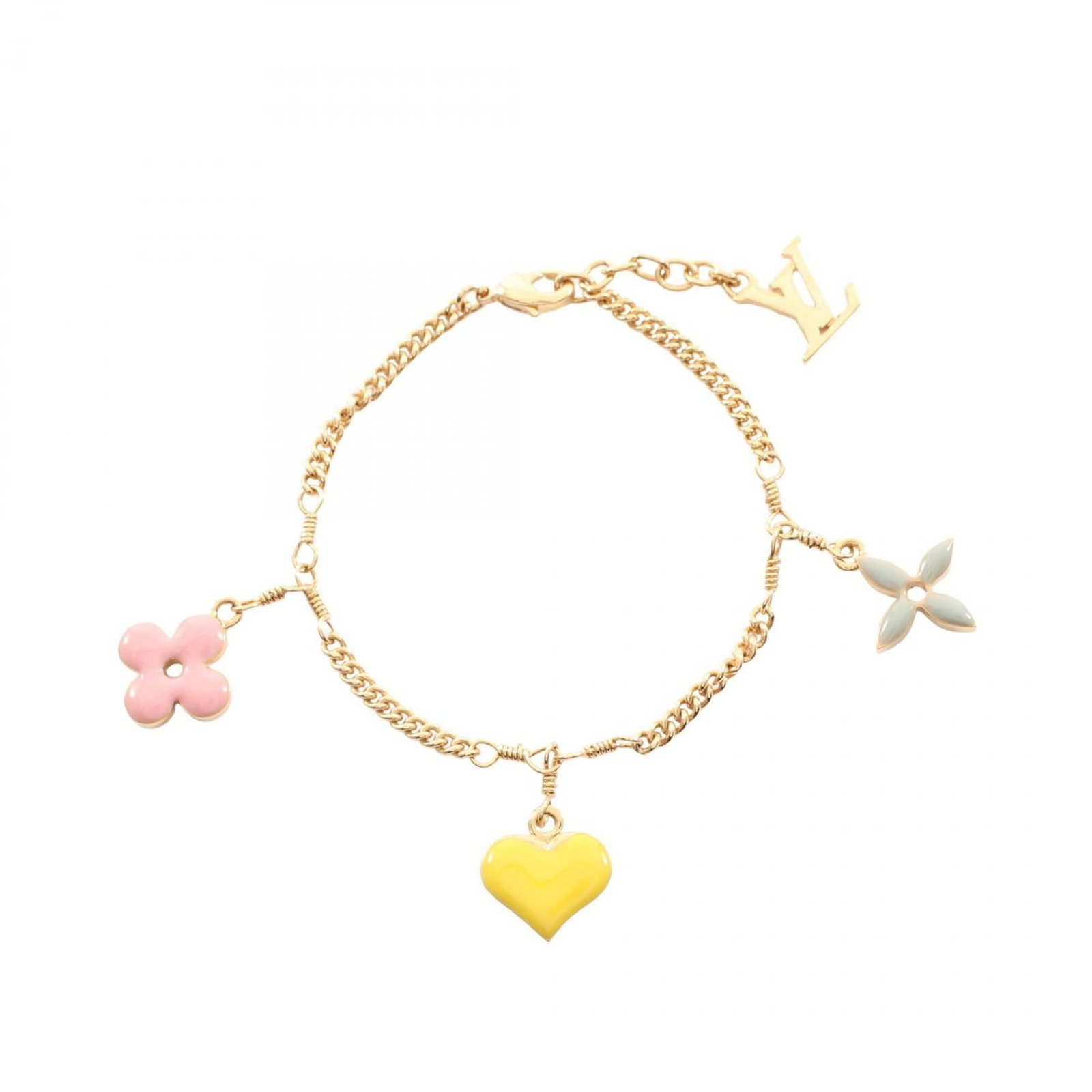 LOUIS VUITTON Charm Bracelet Multi-Color: LOUIS VUITTON Charm Bracelet Multi-Color Multi-color charm bracelet from Louis Vuitton, featuring a 19cm length and a mix of vibrant hues. Gently used with minor signs of wear, this charm bracelet sho