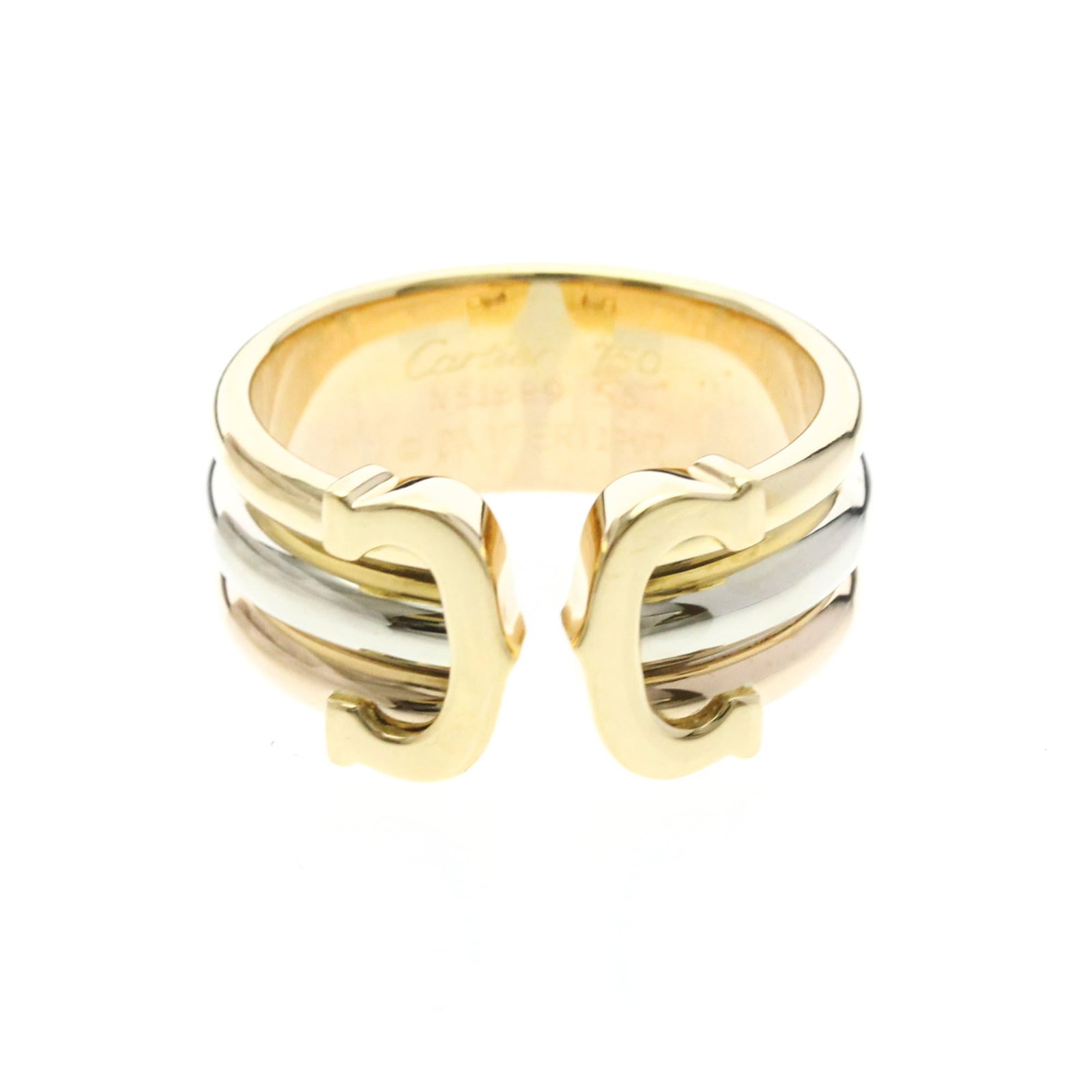 CARTIER Band Ring Pink Gold (18K) White Gold (18K) Yellow Gold (18K): CARTIER Band Ring Pink Gold (18K) White Gold (18K) Yellow Gold (18K) Pink gold, white gold, and yellow gold come together in this elegant Cartier band ring, crafted from 18K metal. The 2C Trinity Ring