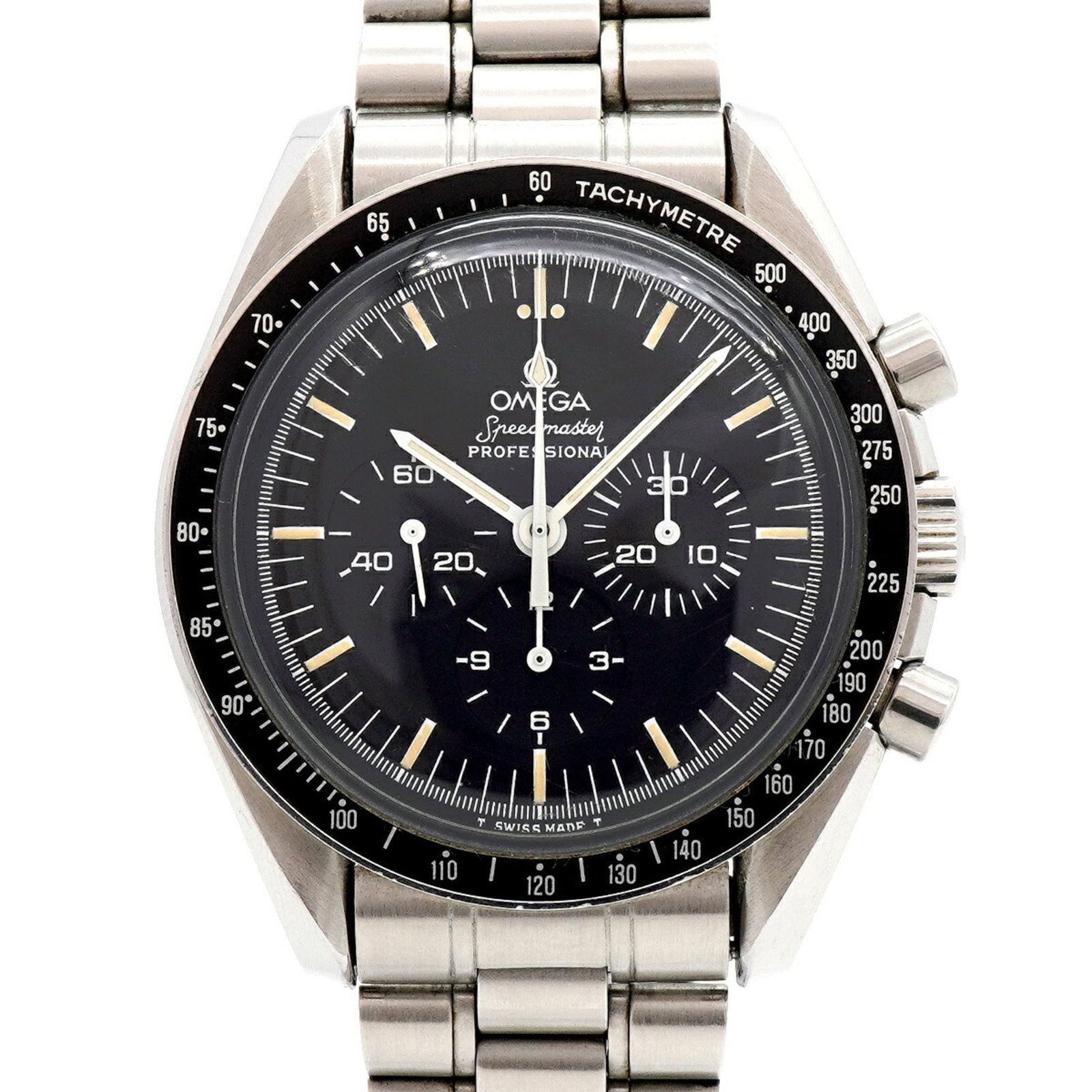 OMEGA Wristwatch Stainless Steel: OMEGA Wristwatch Stainless Steel Stainless steel band and black dial make this Omega wristwatch a sleek and timeless accessory. With its 42mm case and manual winding mechanism, this mechanical watch