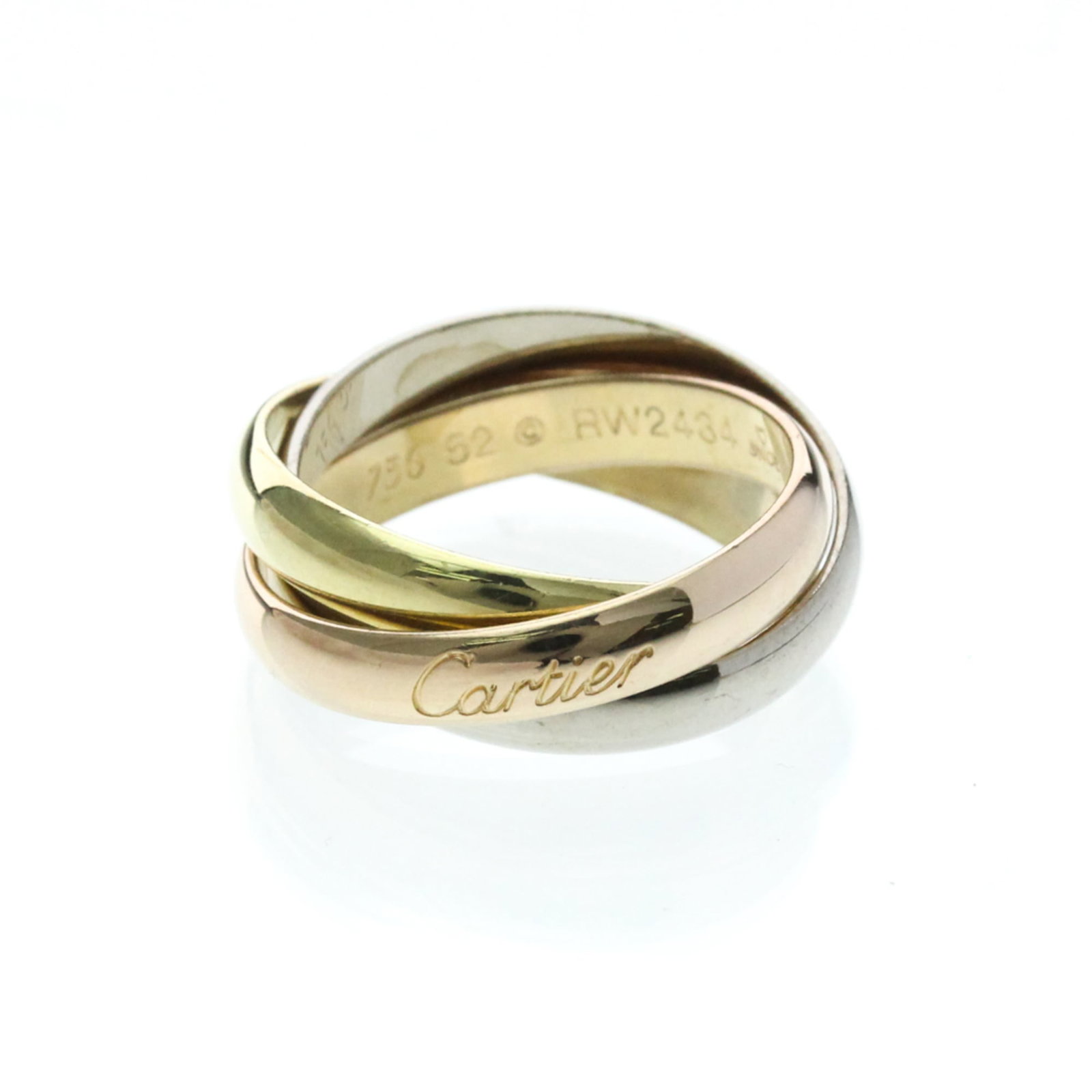 CARTIER Band Ring Pink Gold (18K) White Gold (18K) Yellow Gold (18K): CARTIER Band Ring Pink Gold (18K) White Gold (18K) Yellow Gold (18K) Pink gold, white gold, and yellow gold come together in this elegant Cartier band ring, expertly crafted in 18K purity. The 52 US