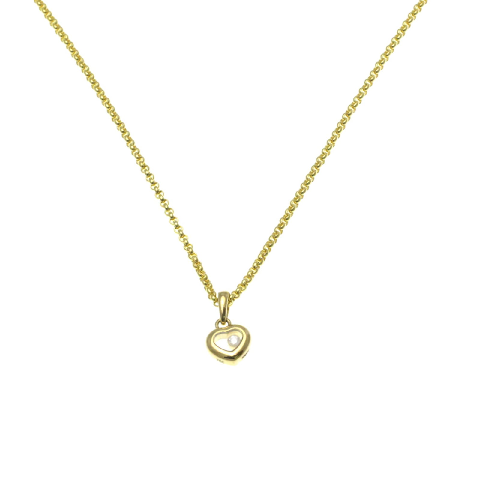 CHOPARD Yellow Gold (18K): CHOPARD Yellow Gold (18K) Chopard's Happy Diamonds Heart Necklace shines in 18K yellow gold, its delicate heart pendant adorned with 10.4g of sparkling diamonds. This gently used necklace boasts a