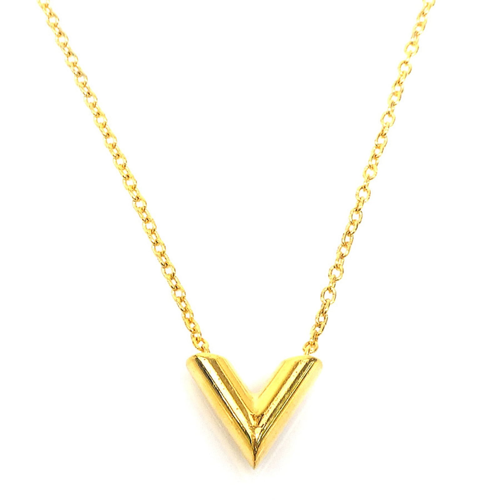 LOUIS VUITTON Metal: LOUIS VUITTON Metal Gold Louis Vuitton Metal Necklace with Visible Wear. This 50 cm gold metal necklace features a 13mm x 15mm pendant and bears a signature. It is in good used condition with scratche