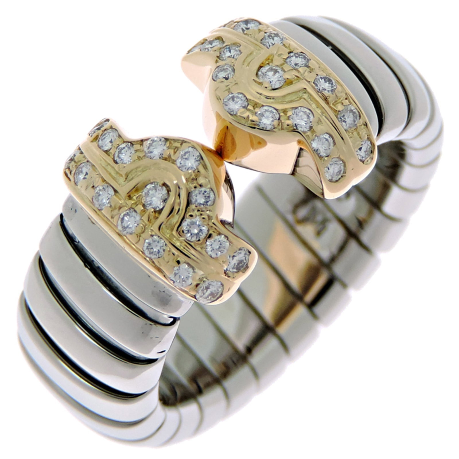 BVLGARI Band Ring Stainless Steel Yellow Gold: BVLGARI Band Ring Stainless Steel Yellow Gold Stainless steel and yellow gold come together in this elegant BVLGARI Band Ring, crafted with precision and attention to detail. The ring features a class