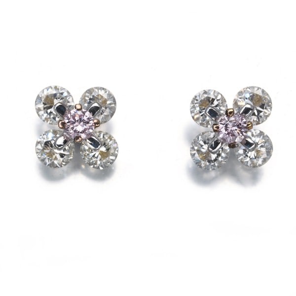 Pink &Clear Diamond 0.08Ct/0.70Ct Flower Earrings 18K Wg/Rg (1 of 5)