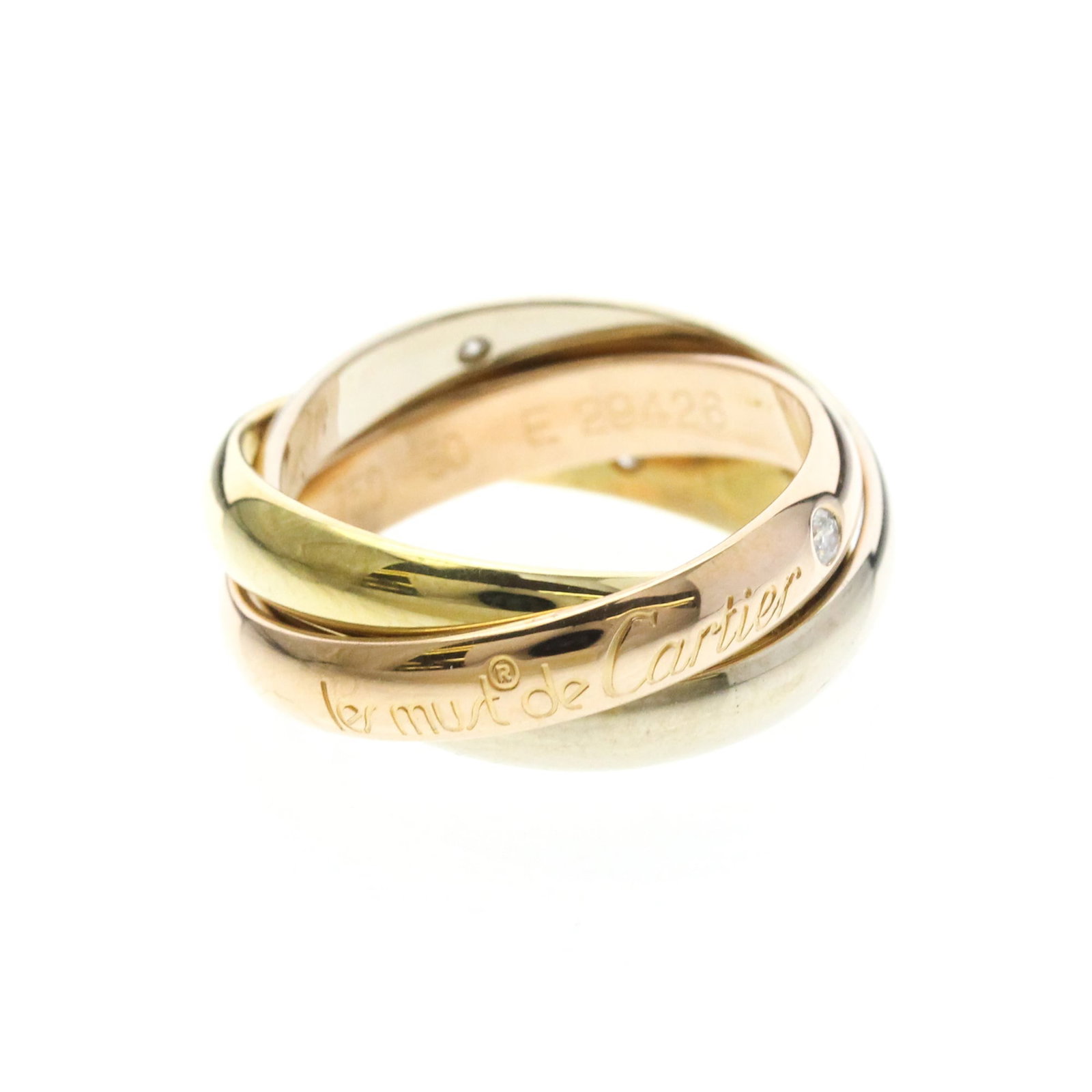 CARTIER Band Ring Pink Gold (18K) White Gold (18K) Yellow Gold (18K): CARTIER Band Ring Pink Gold (18K) White Gold (18K) Yellow Gold (18K) Pink gold, white gold, and yellow gold come together in this elegant Cartier Trinity Ring, featuring three diamonds. The 18K gold b
