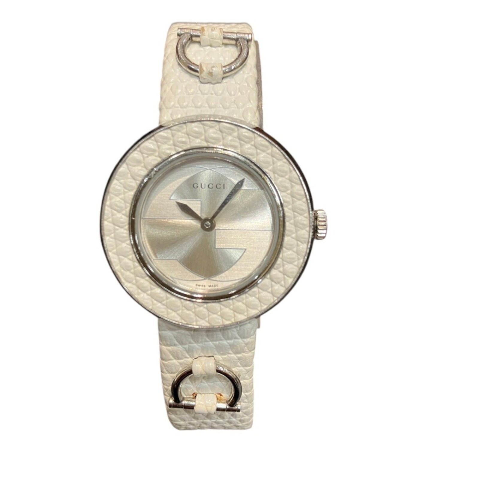 GUCCI Wristwatch Stainless Steel: GUCCI Wristwatch Stainless Steel Stainless steel case and leather strap add a touch of sophistication to this Gucci wristwatch, featuring a white shell dial and quartz movement. The 27mm case is desig