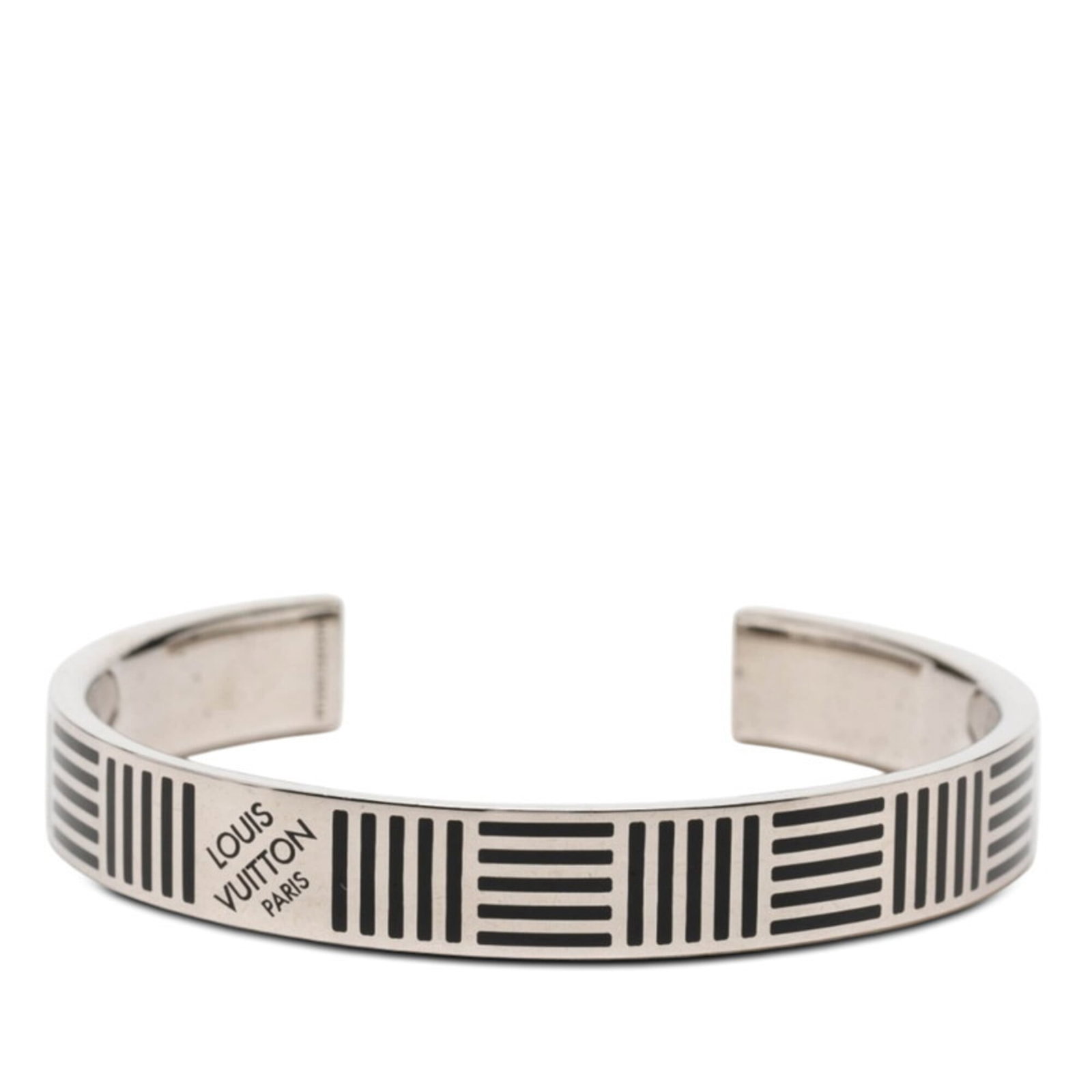 LOUIS VUITTON Charm Bracelet Metal: LOUIS VUITTON Charm Bracelet Metal Black Louis Vuitton metal charm bracelet with a 17cm diameter stone. The bracelet features a metal design with visible scratches and scuffs, indicating it is a