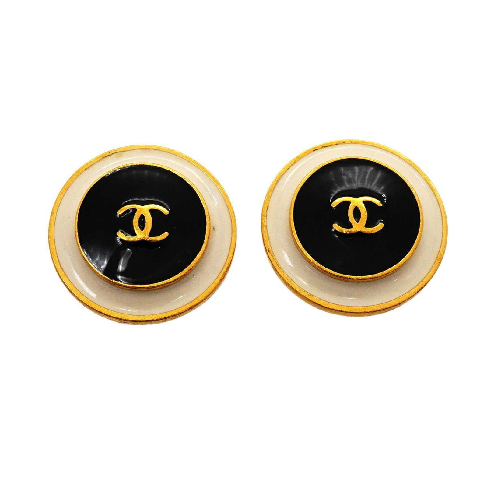 CHANEL Clip Earrings Gold Plating: CHANEL Clip Earrings Gold Plating Gold-plated Clip Earrings from CHANEL, featuring a sleek black finish, gold accents, and a classic design. The earrings showcase subtle wear, with scratches and scuff