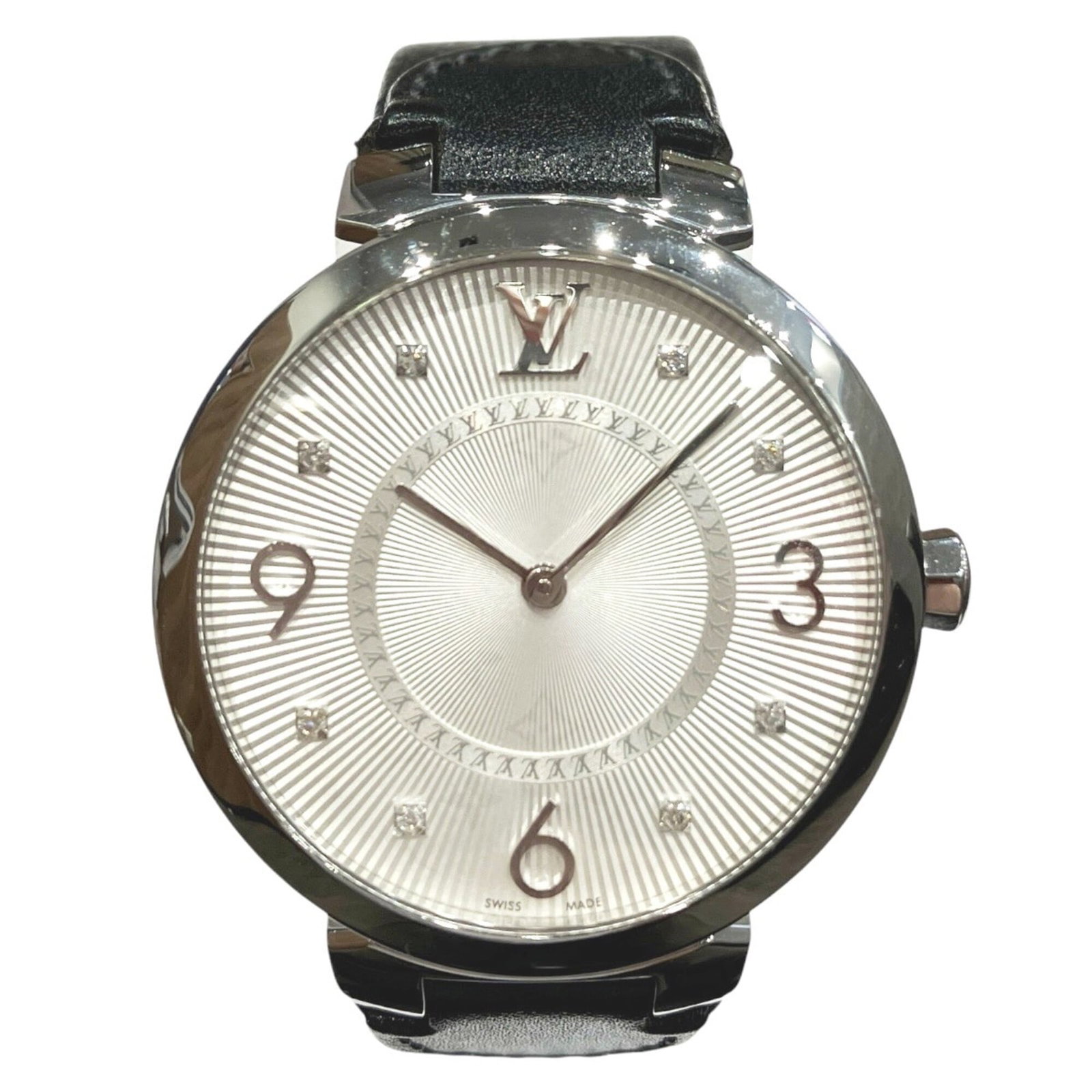 LOUIS VUITTON Wristwatch Stainless Steel: LOUIS VUITTON Wristwatch Stainless Steel Stainless steel case and silver dial make this Louis Vuitton wristwatch a stylish accessory. The leather band adds a touch of sophistication, while the quartz 