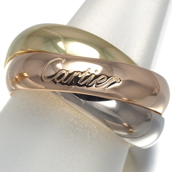 Cartier Ring Trinity 3Color Xl Eu53 18K 750 Yellow White Rose Gold: Cartier Ring Trinity 3Color Xl Eu53 18K 750 Yellow White Rose Gold Cartier's iconic Trinity ring boasts a striking three-tone design, expertly combining 18k yellow, white, and rose gold in a