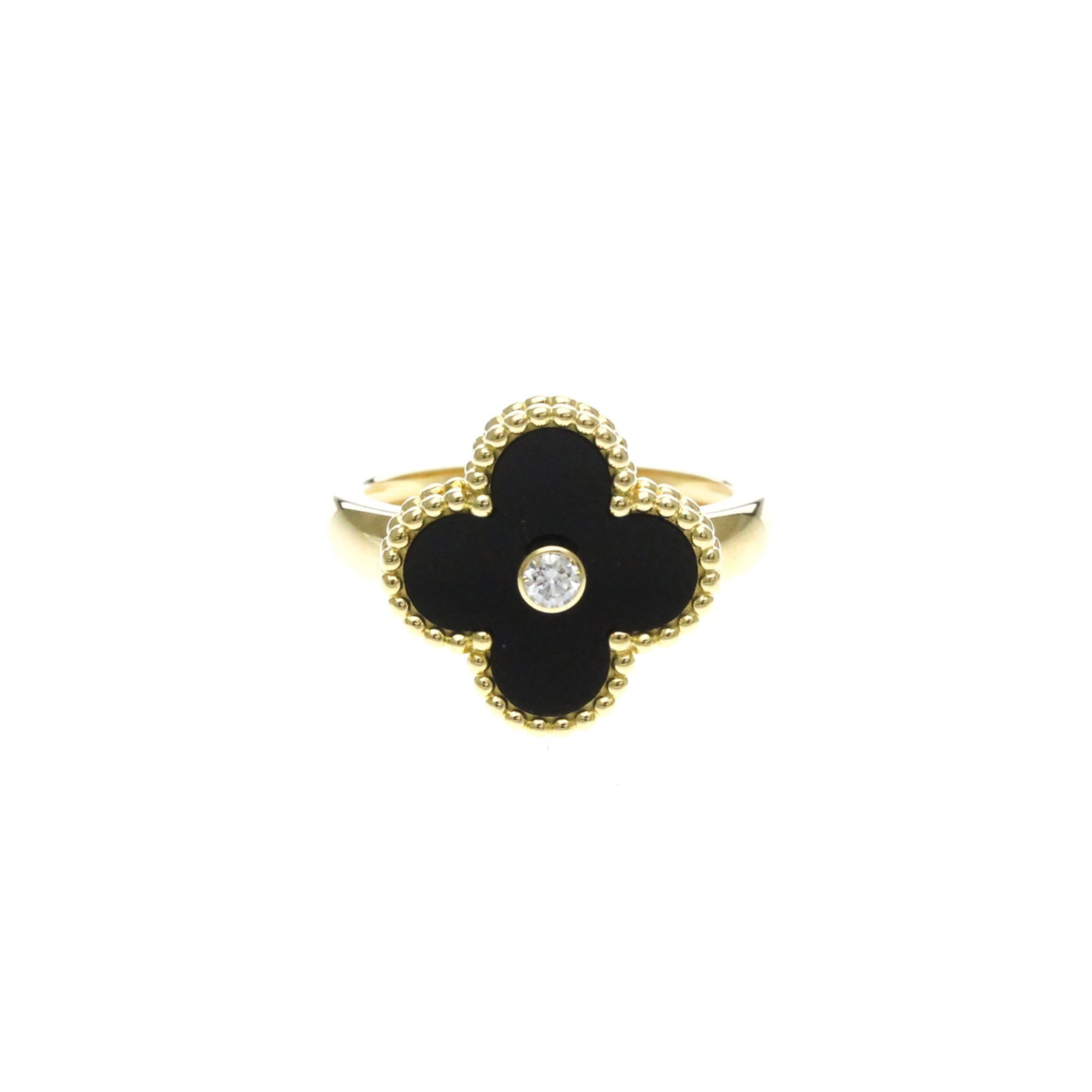 VAN CLEEF & ARPELS Vintage: VAN CLEEF & ARPELS Vintage The Van Cleef & Arpels Vintage Alhambra features a stunning onyx stone, a hallmark of the brand's exceptional craftsmanship. This gently used piece showcases minor signs of 