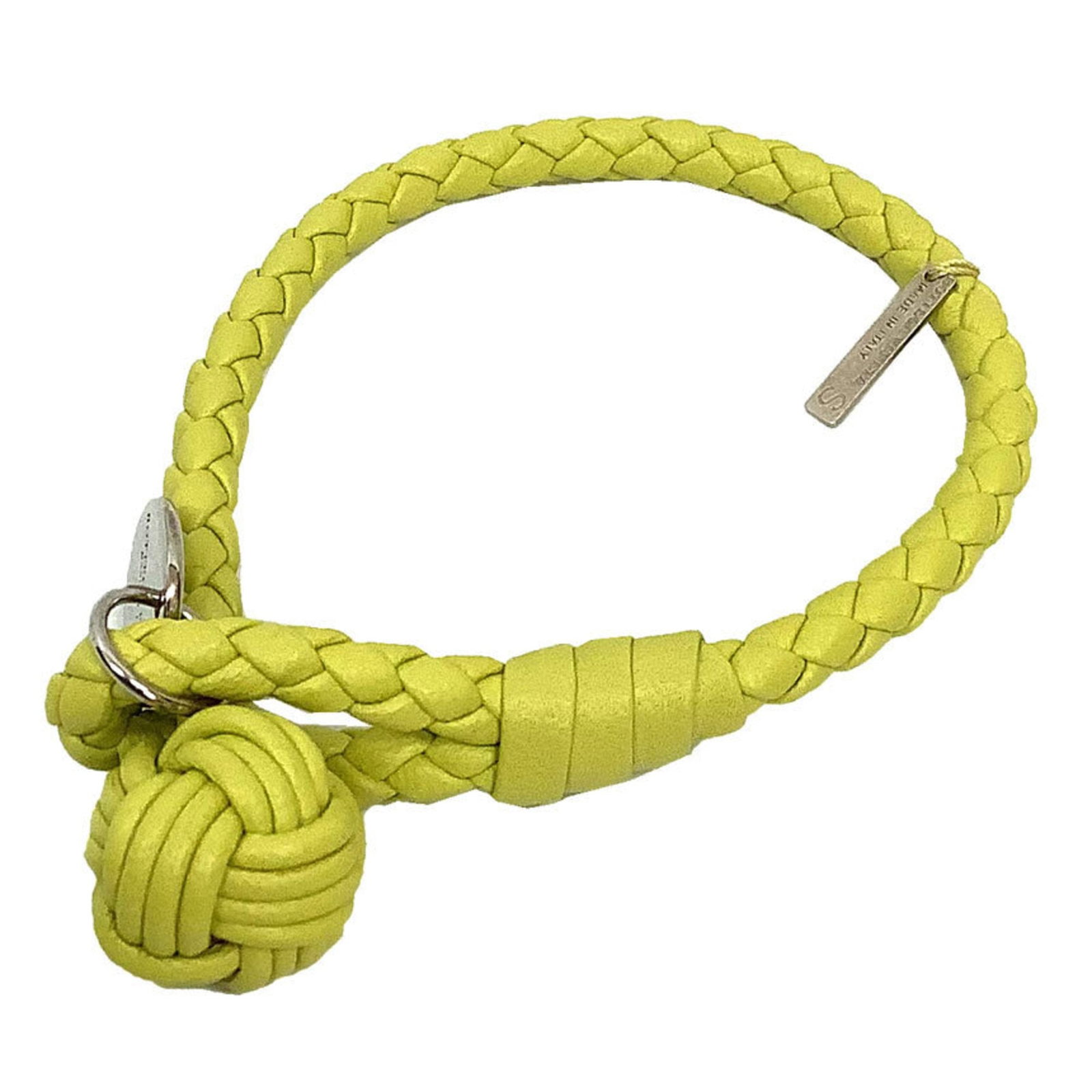 BOTTEGA VENETA Charm Bracelet Leather: BOTTEGA VENETA Charm Bracelet Leather Lemon yellow leather charm bracelet from Bottega Veneta, featuring a heart pattern. Total length is 19cm, and comes with a box and dust bag. In excellent
