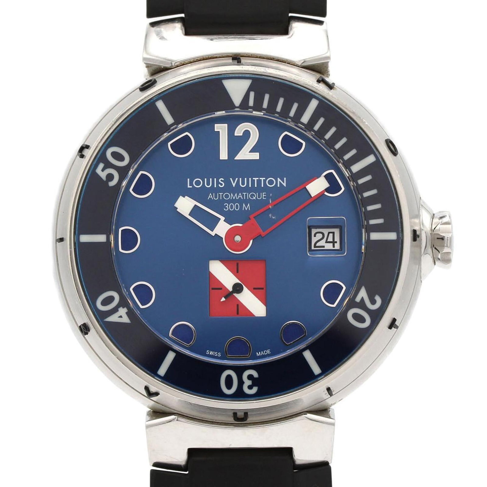 LOUIS VUITTON Wristwatch Stainless Steel: LOUIS VUITTON Wristwatch Stainless Steel Stainless steel case and rubber band provide a sleek, durable foundation for this Louis Vuitton wristwatch. The self-winding automatic movement powers a blue d