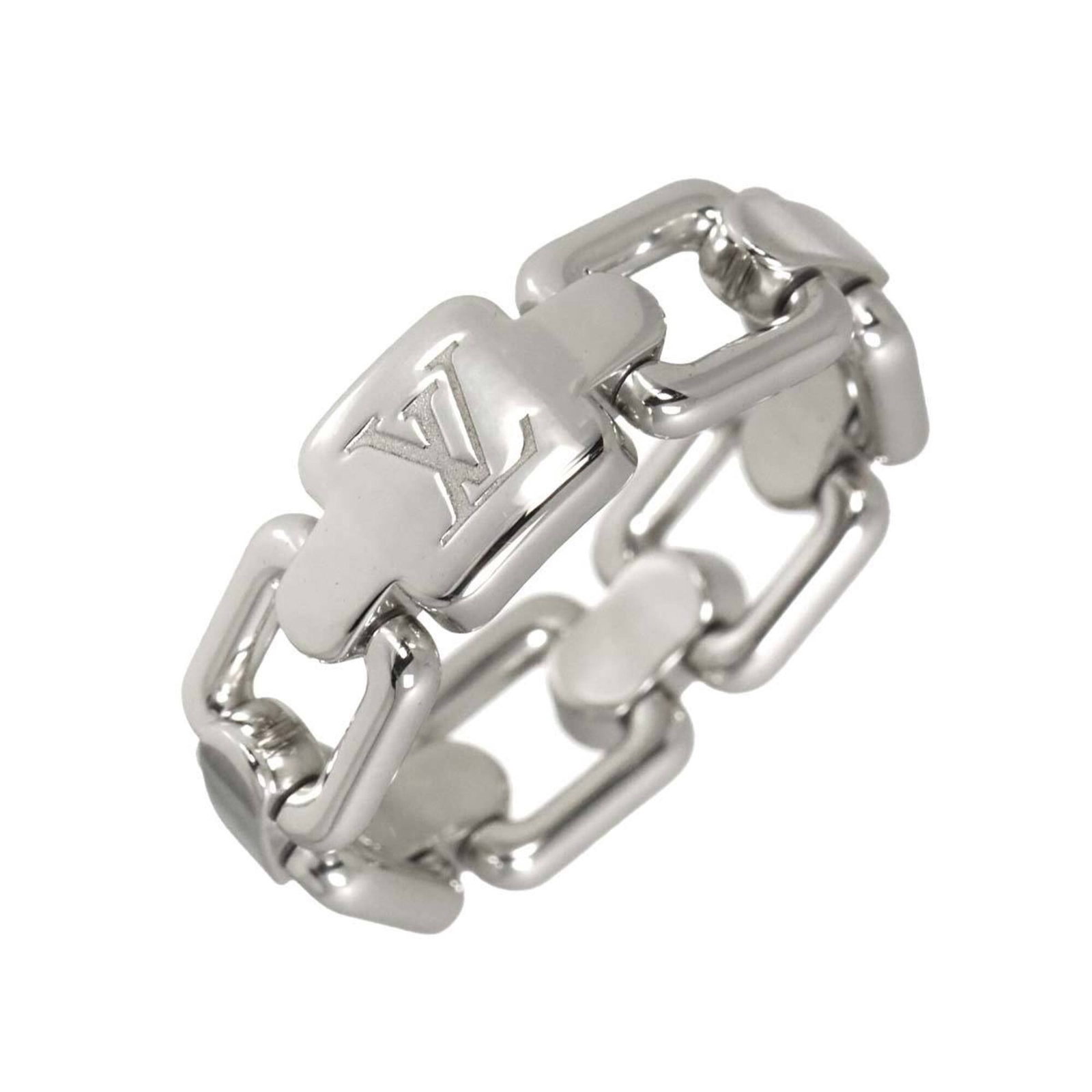 LOUIS VUITTON Band Ring: LOUIS VUITTON Band Ring White gold band ring from Louis Vuitton, 18K metal, 7mm width, and 5 US size. This like-new band ring features a sleek design and is in excellent condition with only the fainte