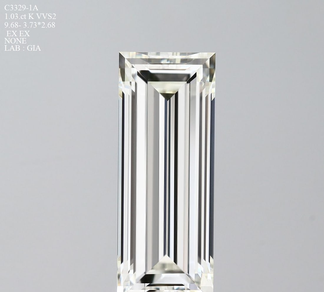 GIA Baguette 1.03ct K VVS2 - Loose Natural Diamond: GIA Baguette 1.03ct K VVS2 - Loose Natural Diamond GIA-certified, this 1.03ct K VVS2 natural diamond boasts exceptional clarity and cut quality, with a high polish and symmetry. The stone's natural
