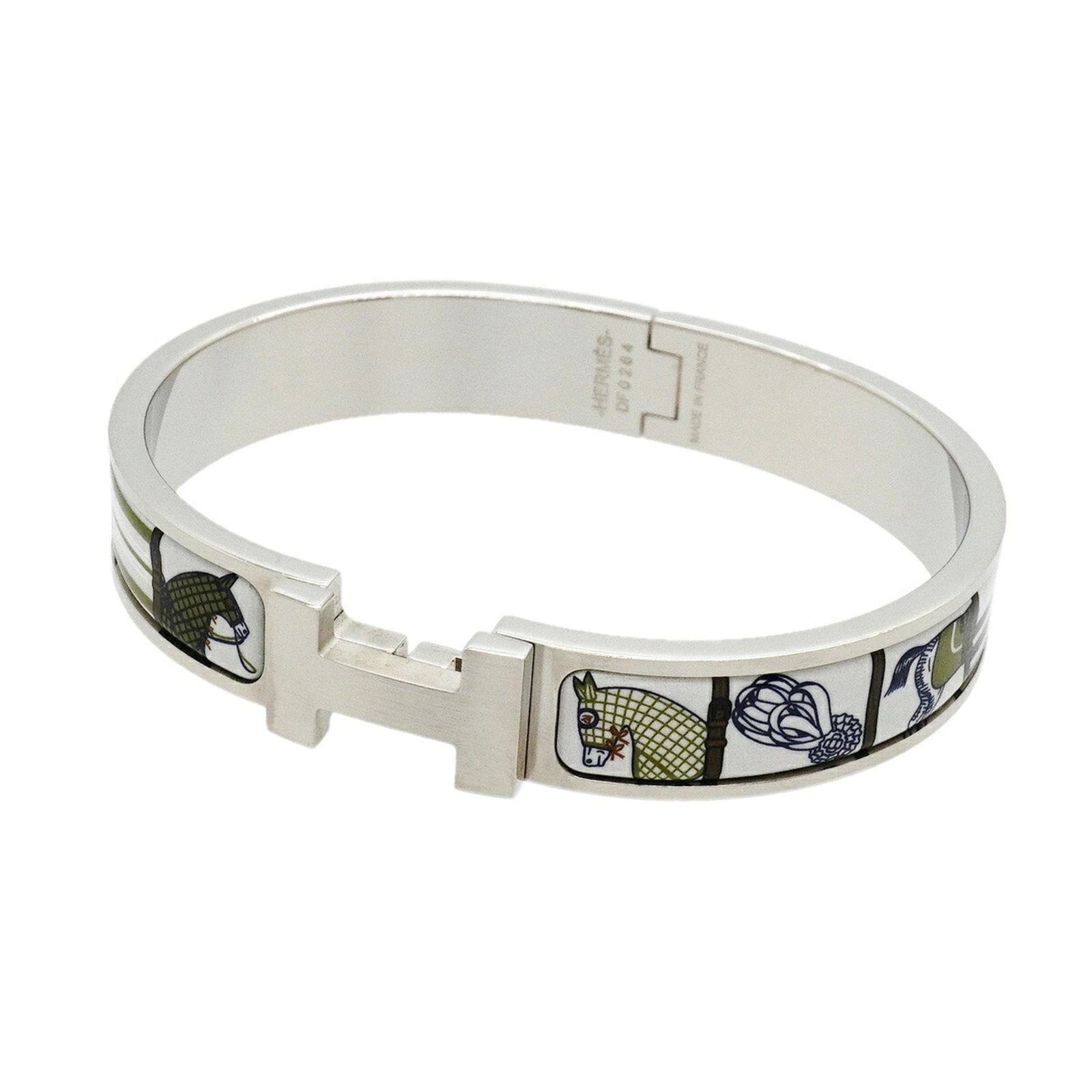 HERMES Bangle Metal: HERMES Bangle Metal The Hermes Bangle Metal is a vibrant, multi-colored design featuring silver and white accents, measuring 18cm in length. With visible scratches and scuffs, this bangle showcases