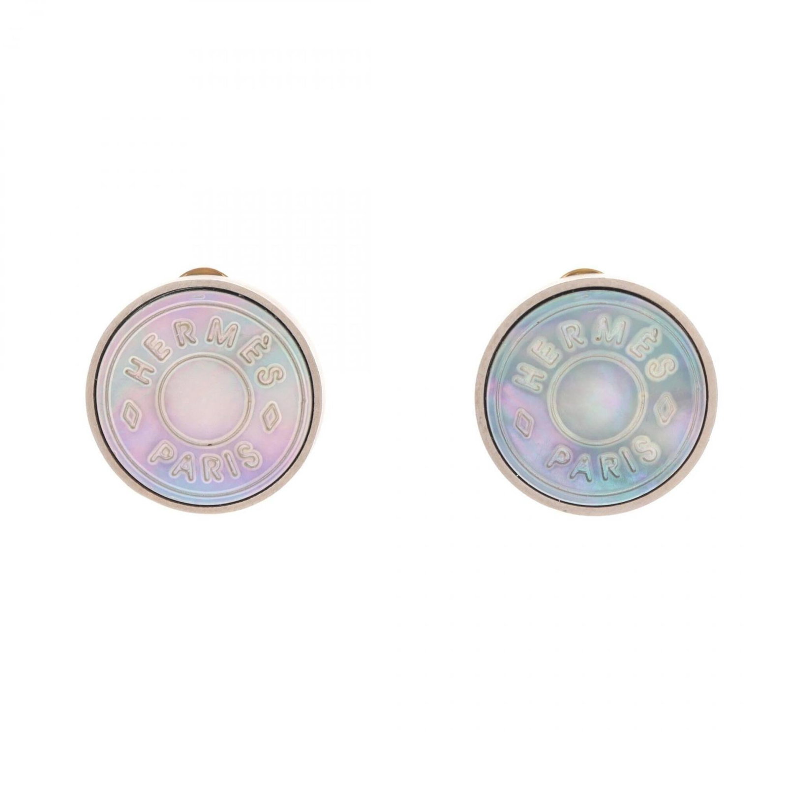 HERMES Clip Earrings Metal: HERMES Clip Earrings Metal Gray and silver Hermes clip earrings with visible scratches and scuffs, bearing a signature, are a unique and stylish accessory. Made from metal, these clip earrings are a