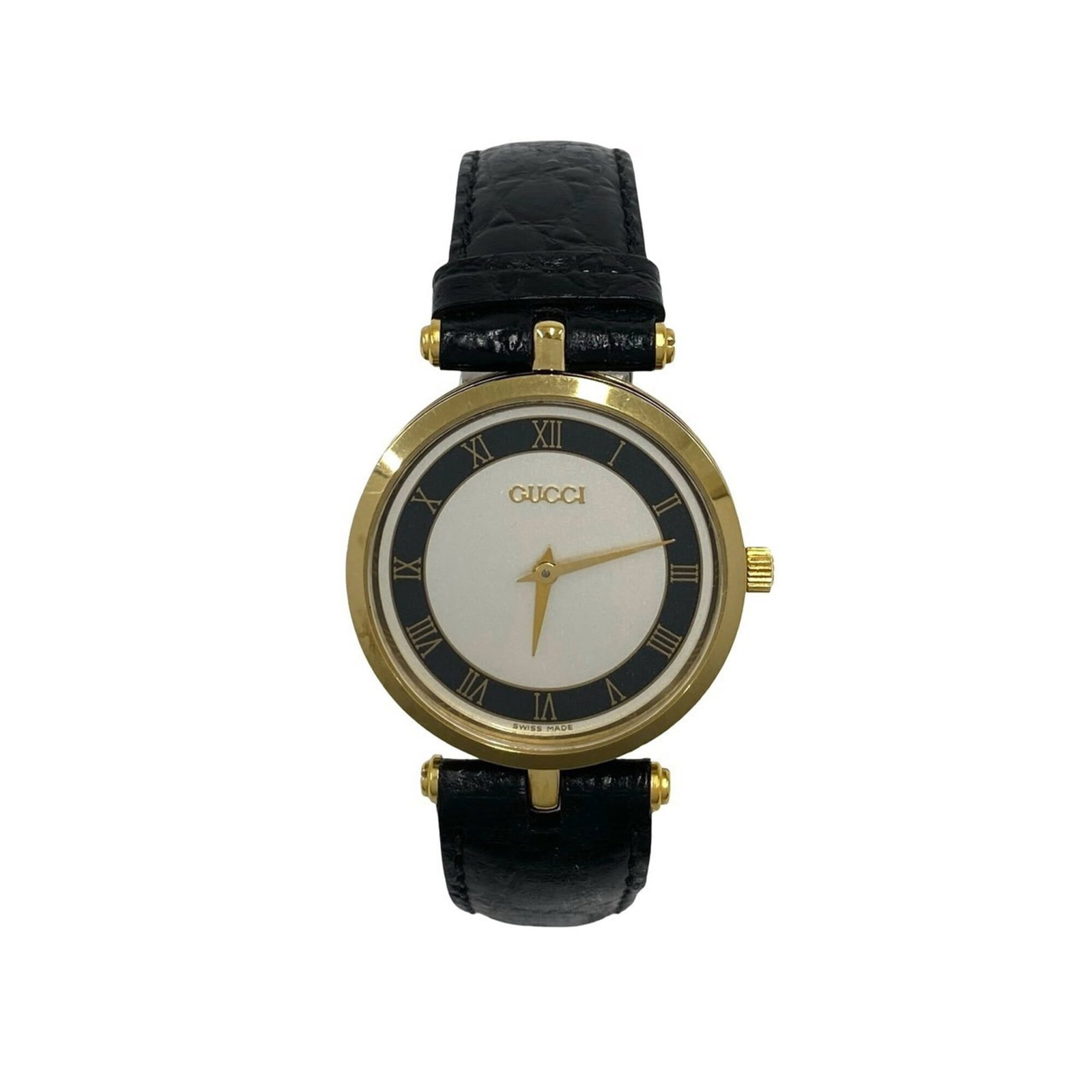 GUCCI Wristwatch Gold Plated: GUCCI Wristwatch Gold Plated Gold plated Gucci wristwatch with a 30mm case diameter, featuring a leather band and quartz movement, available for purchase in good used condition with visible wear. The