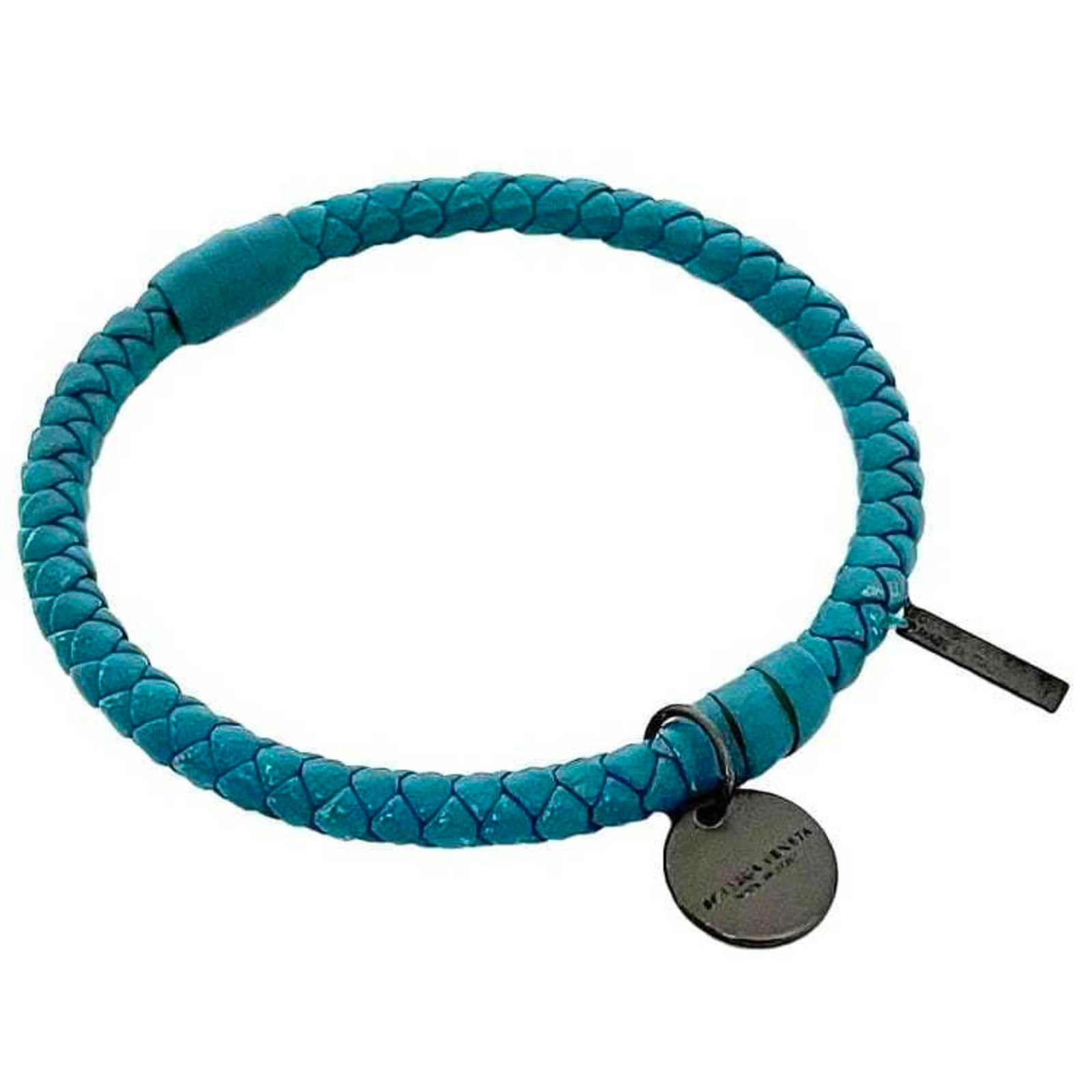 BOTTEGA VENETA Bangle Leather: BOTTEGA VENETA Bangle Leather Light blue leather bangle with a 5mm width, bearing visible scratches and scuffs, is a Bottega Veneta accessory in good used condition. This bangle is made from leather