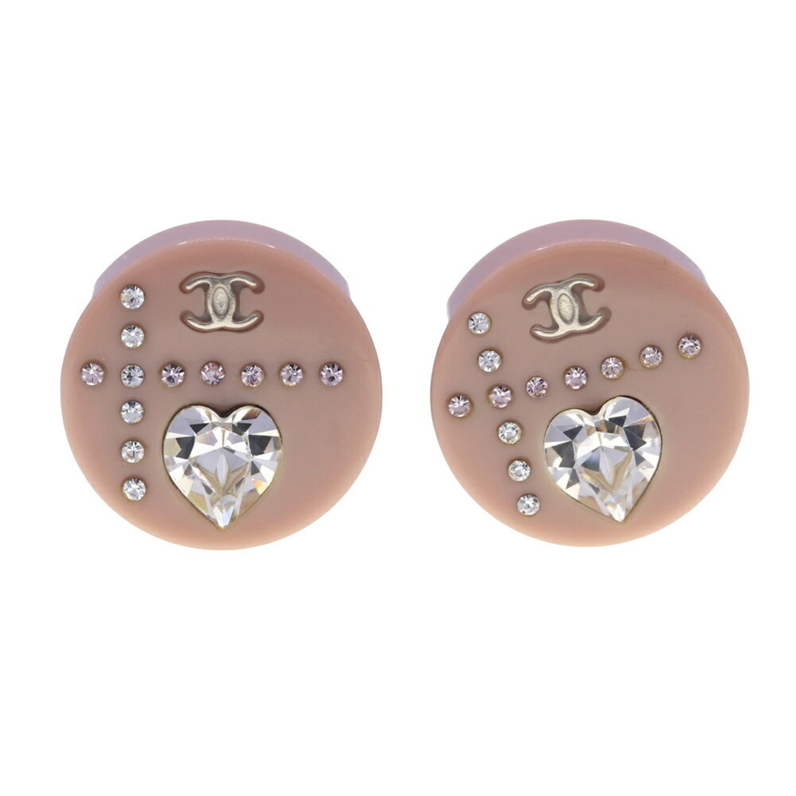 CHANEL Clip Earrings Plastic: CHANEL Clip Earrings Plastic Pink rhinestone clip earrings from CHANEL, featuring a classic design with visible wear and scratches. Made of plastic, these earrings are in good condition, with a size